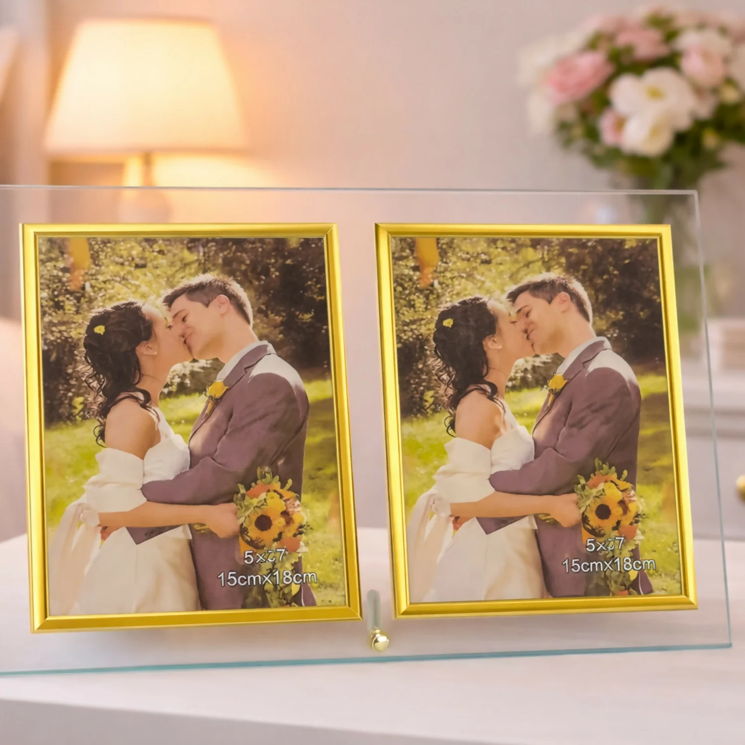 Double Photo Frame – Elegant Glass Stand for Table Décor