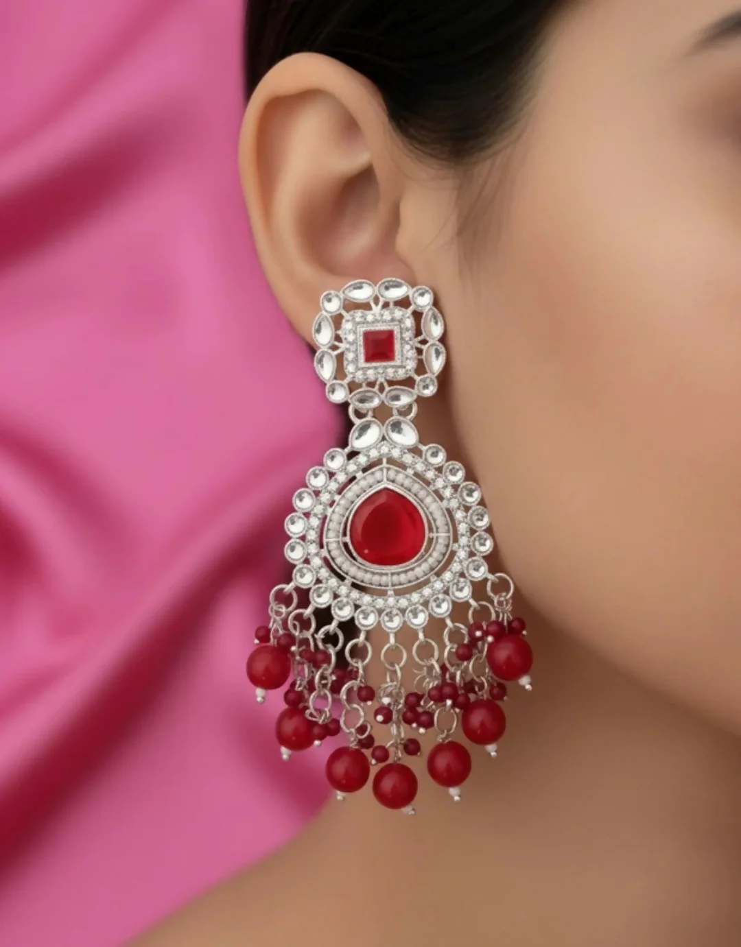 Kundan Earrings – Elegant Silver-Plated Drop Danglers for Women - Image 2