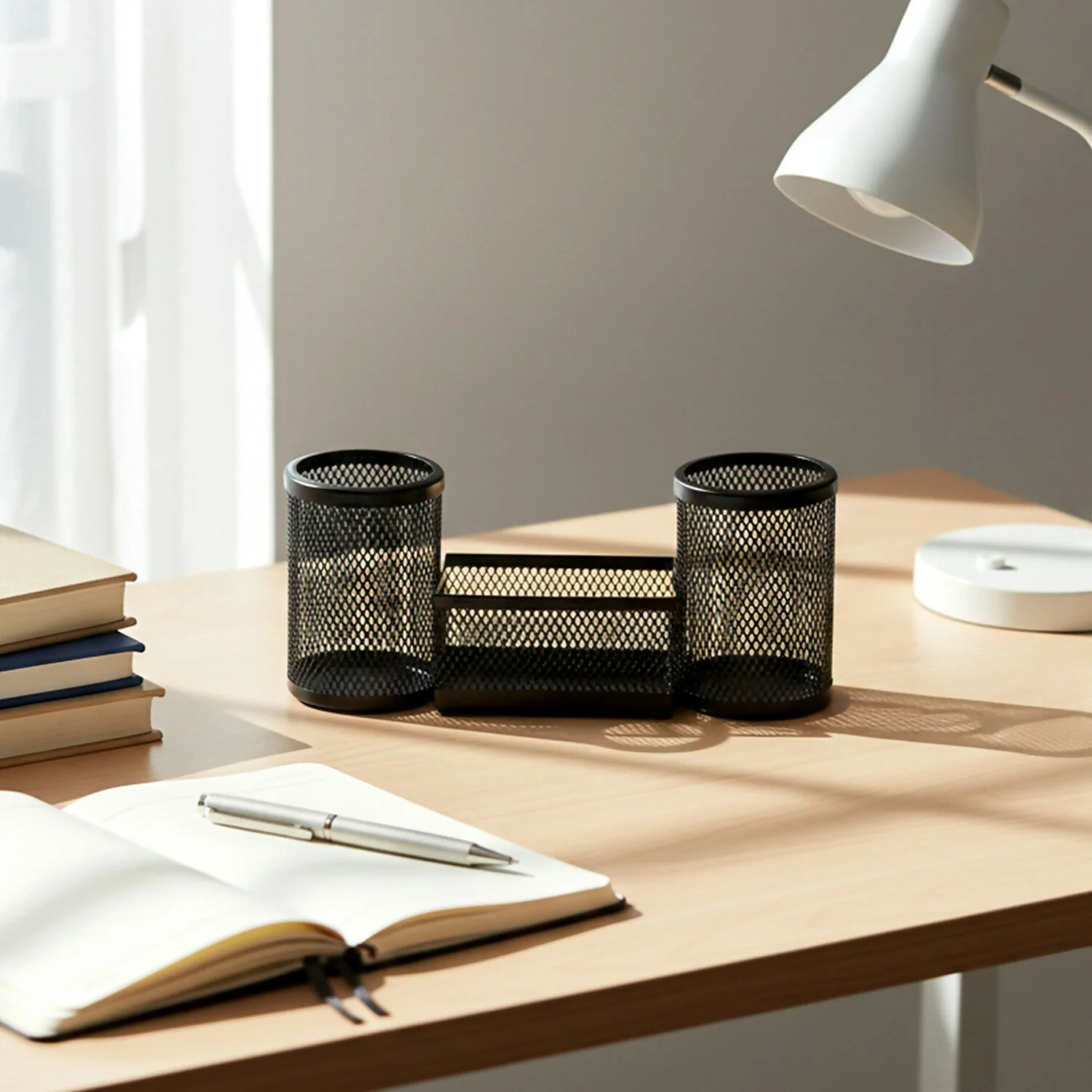 Desk Mesh Pen Stand – Dual Pencil Holders & Storage Tray - Image 2