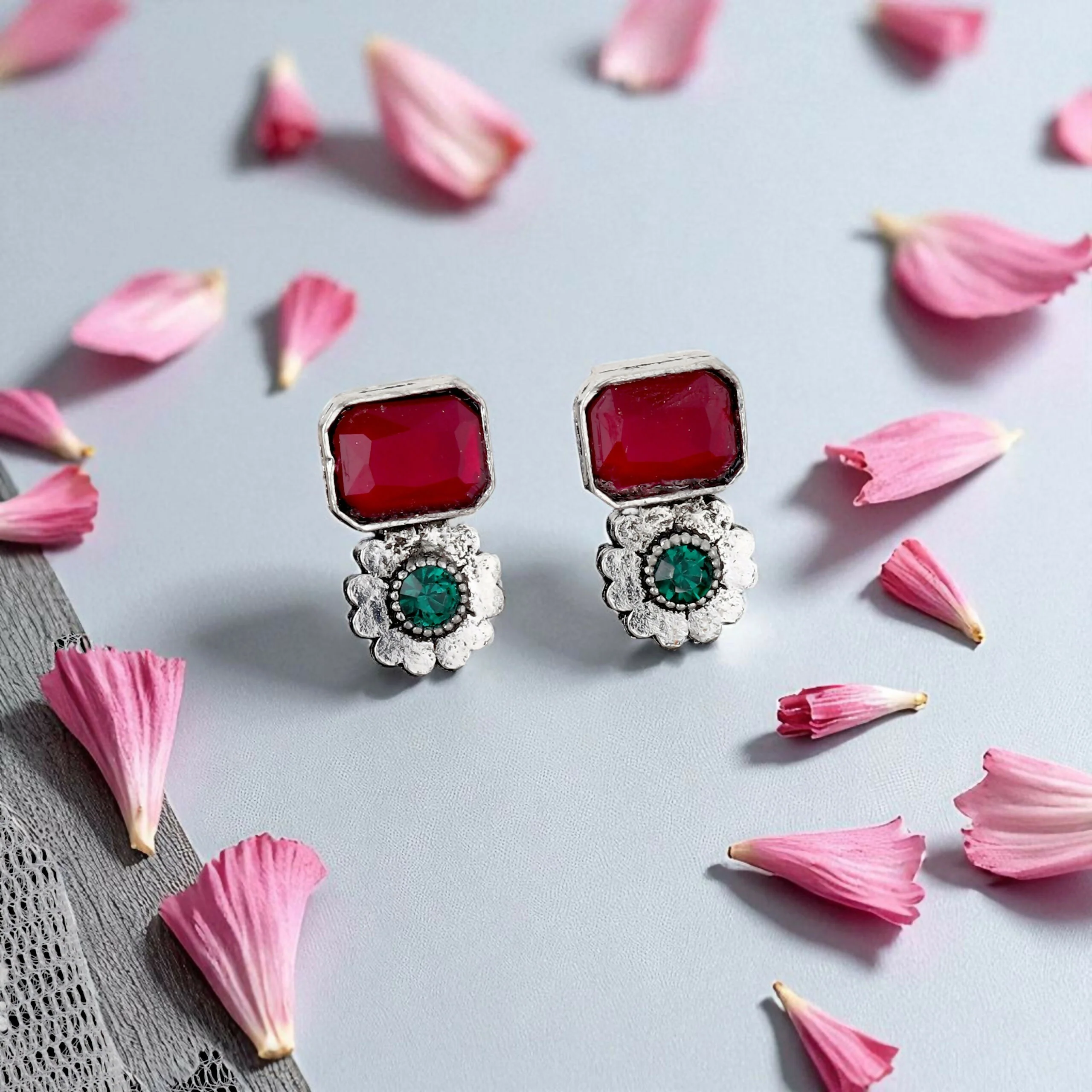 Oxidized Choker Set with Pink and Green Stones – Dual-Tone Elegance - Image 4
