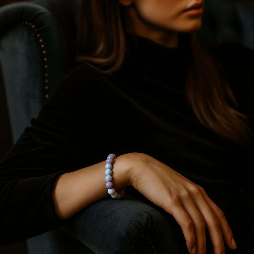 Purple Beaded Stretch Bracelet – Elegant Dual-Tone Design - Image 3
