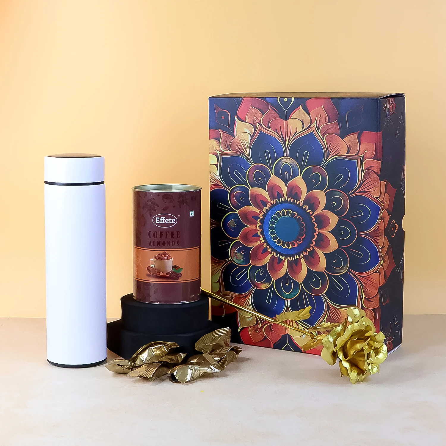 Coffee Almonds Gift Hamper – Golden Rose & Stainless Steel Bottle - Image 3