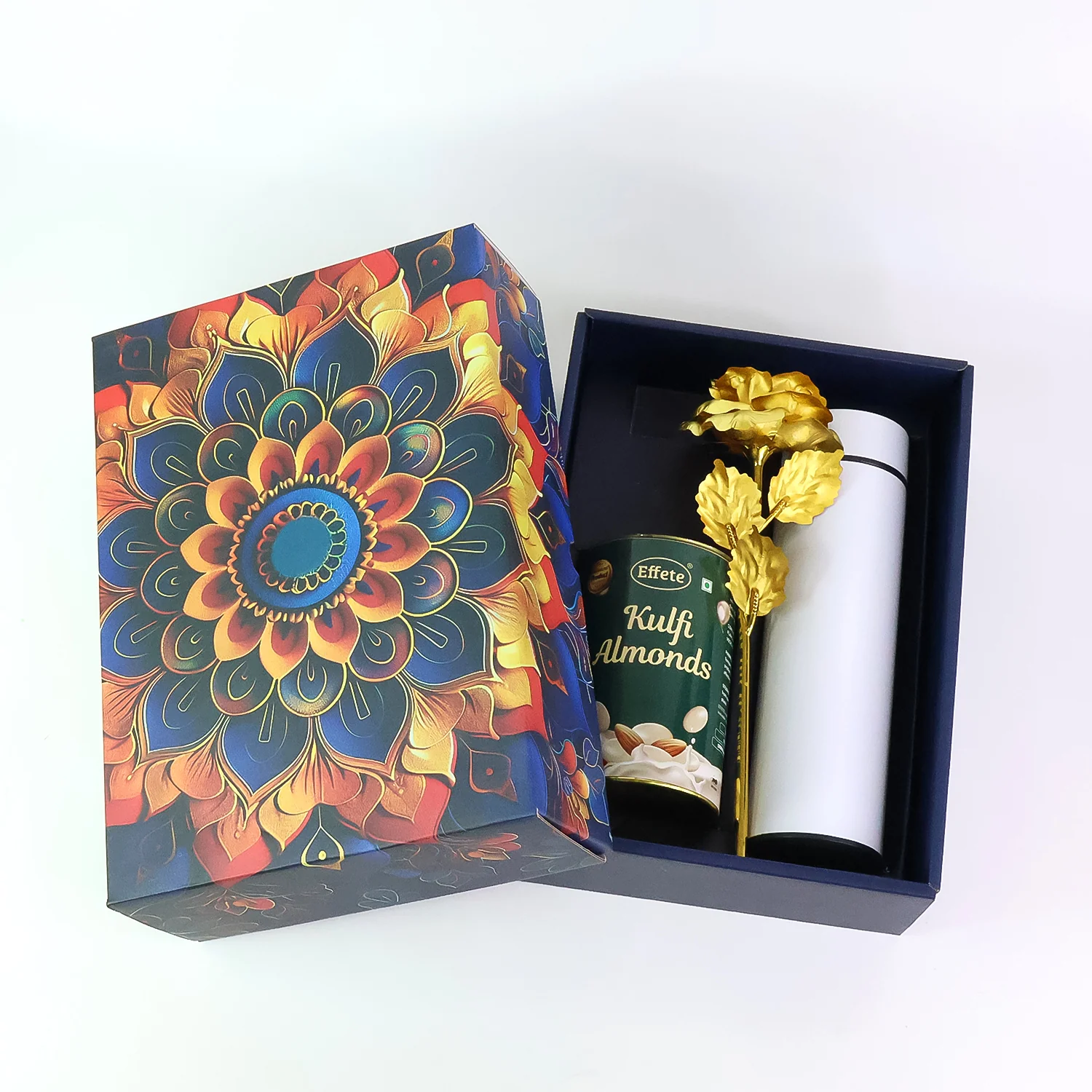 Kulfi Almonds Gift Hamper – Elegant Golden Rose & Stainless Steel Bottle - Image 4