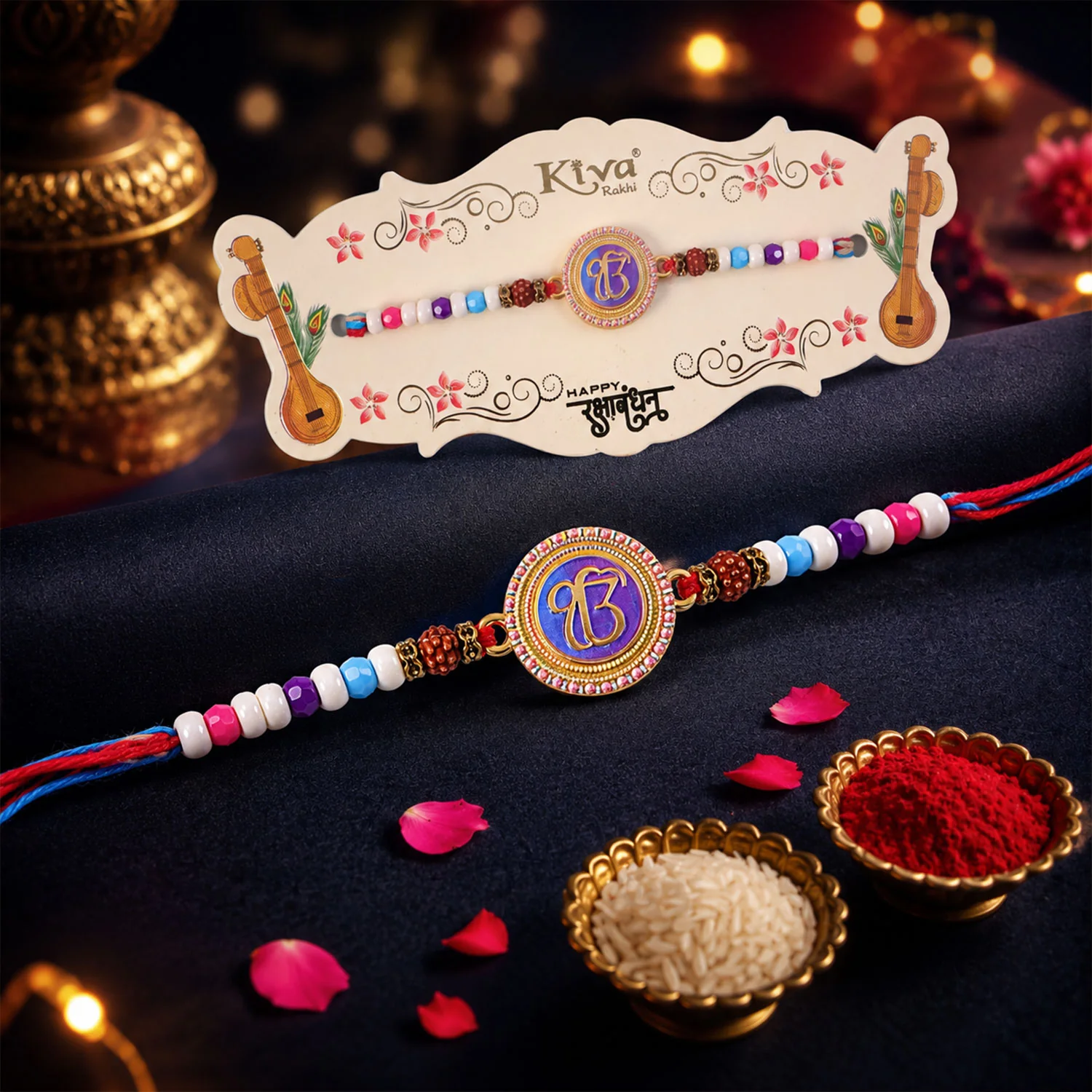 Ek Onkar Spiritual Rudraksha Rakhi for Brother with Beaded Thread Gift - Image 3