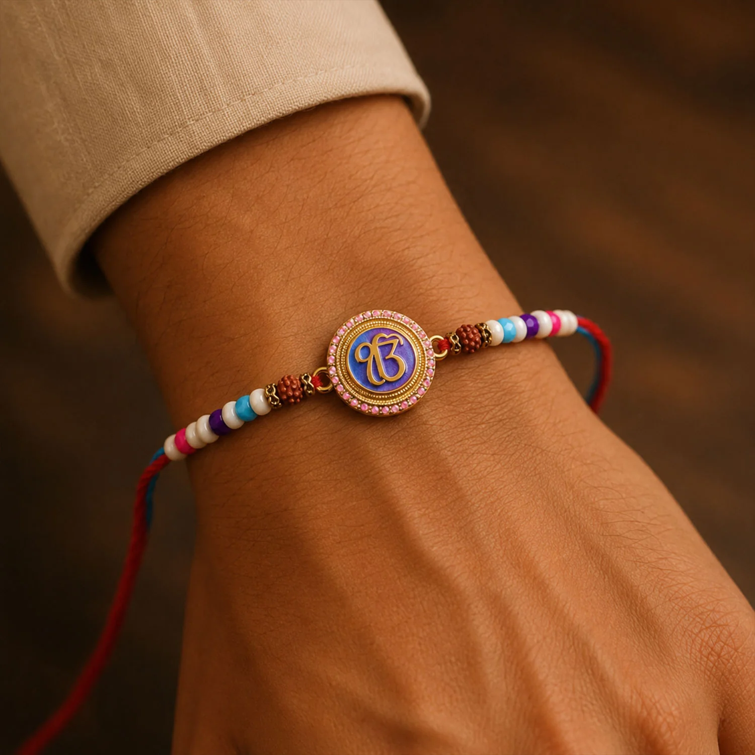 Ek Onkar Spiritual Rudraksha Rakhi for Brother with Beaded Thread Gift - Image 4