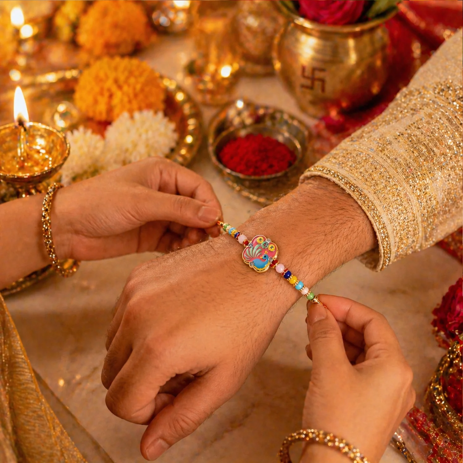 Rakhi – Colorful Peacock Design with Decorative Beads for Raksha Bandhan - Image 5
