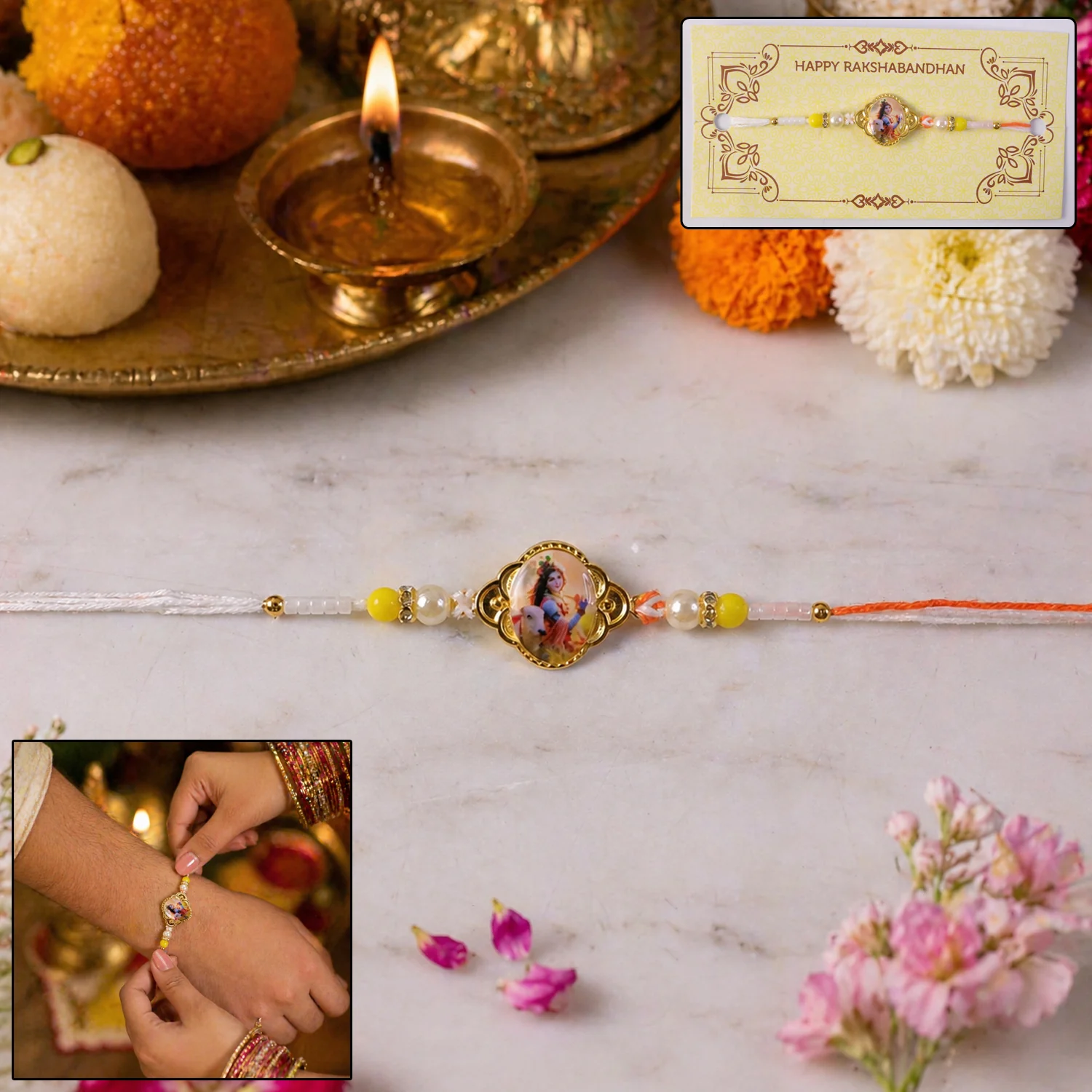 Lord Krishna Rakhi – Elegant Designer Thread with Beads and Photo - Image 2