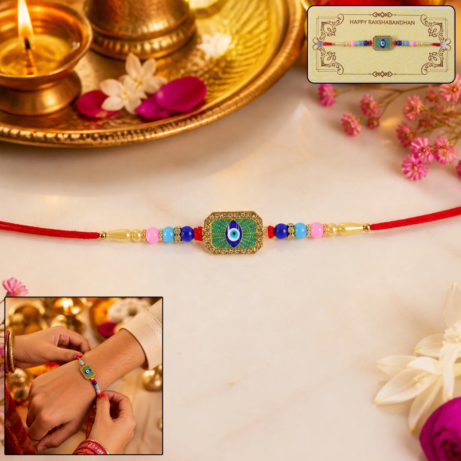 Evil Eye Rakhi – Stylish Mint Green Thread with Traditional Charm - Image 2