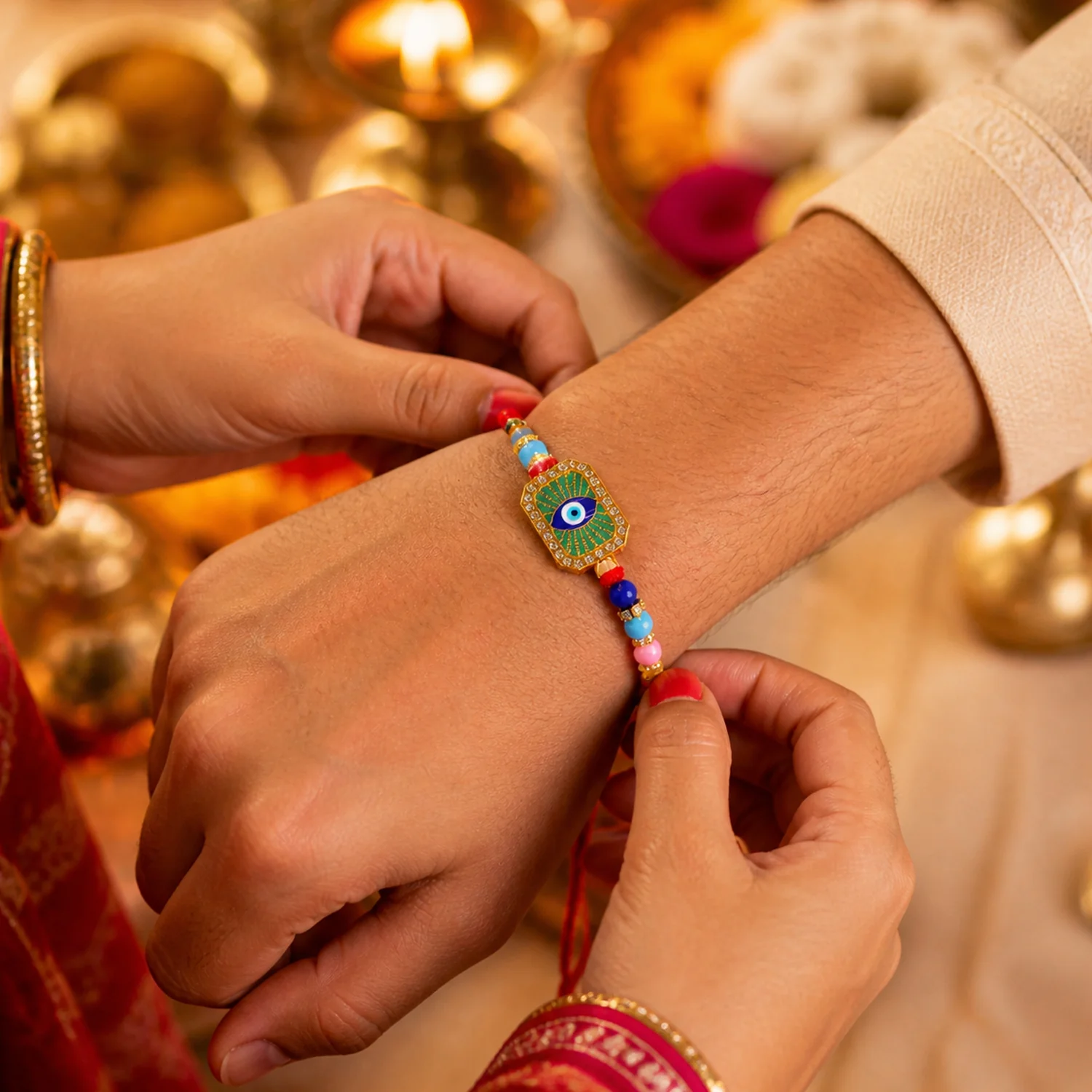 Evil Eye Rakhi – Stylish Mint Green Thread with Traditional Charm - Image 4