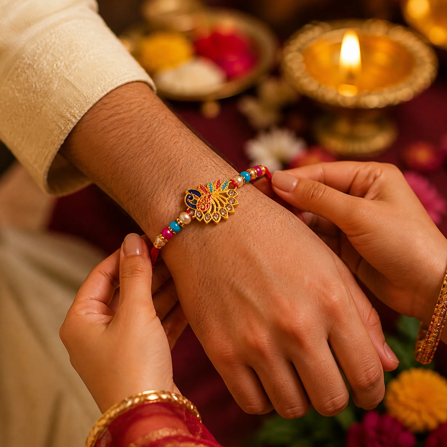 Colorful Peacock Rakhi, Elegant Festival Gift with Stones - Image 4