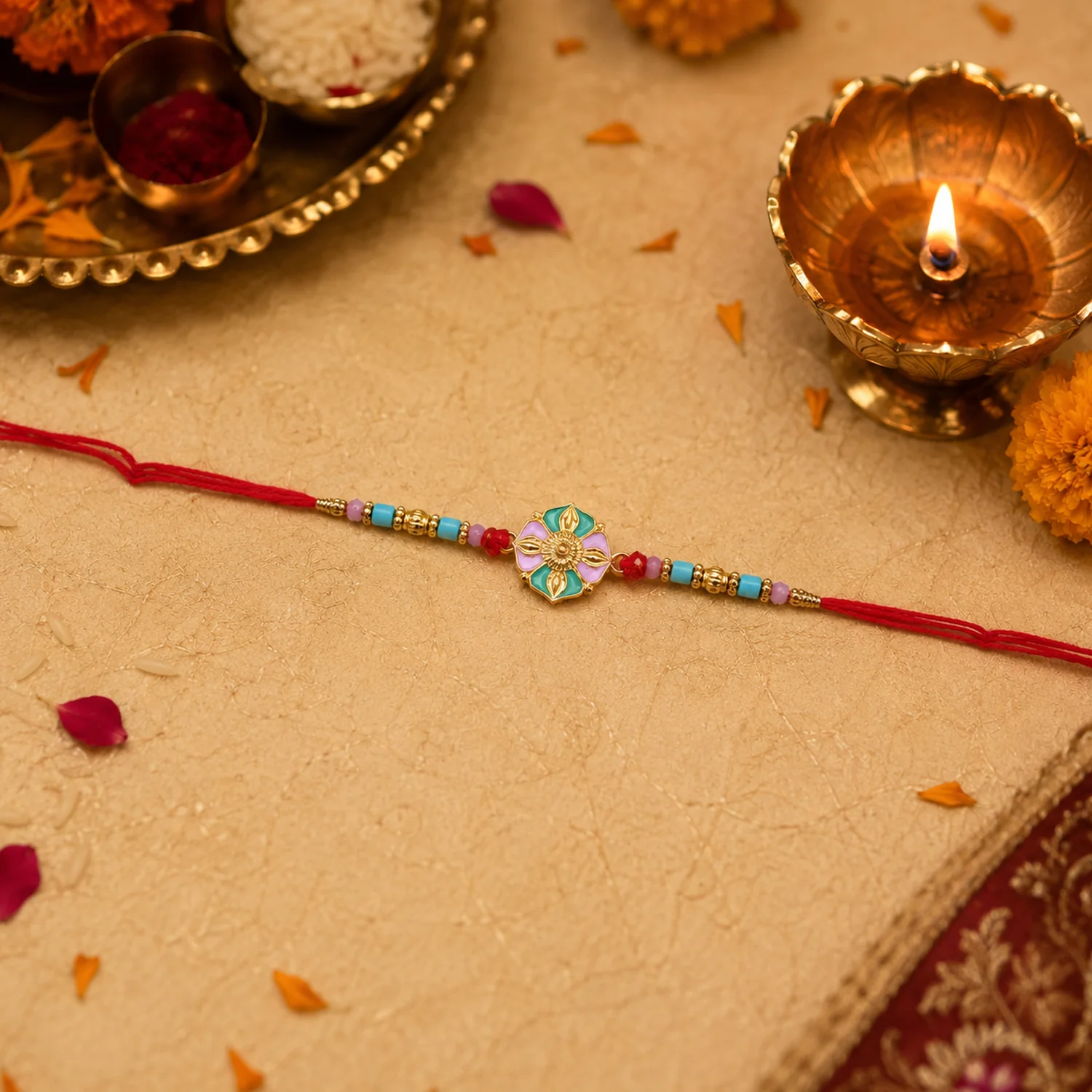 Rakshabandhan Flower Motif Rakhi – Colorful Beads & Soft Thread - Image 2