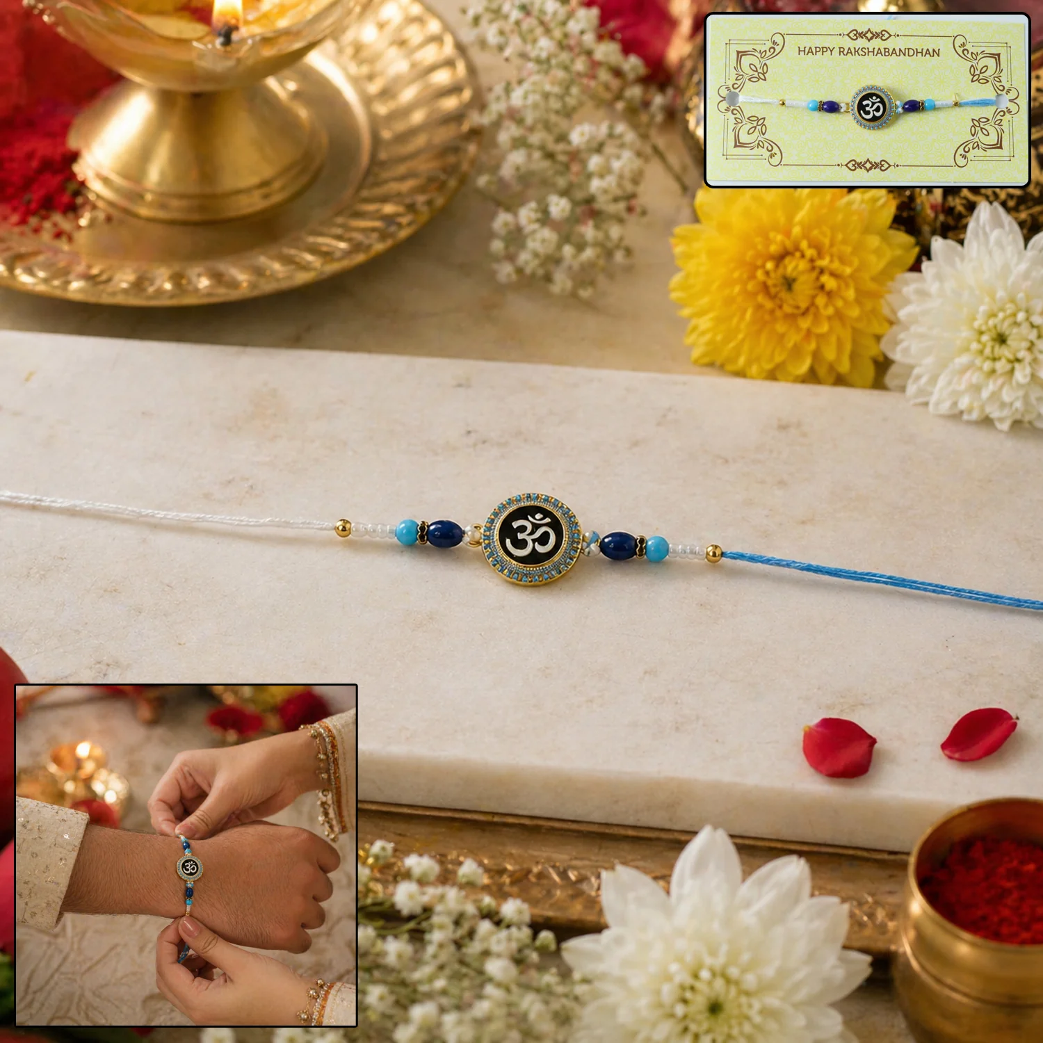 Om Blue Beads Rakhi – Traditional, Stylish & Comfortable for Raksha Bandhan - Image 2
