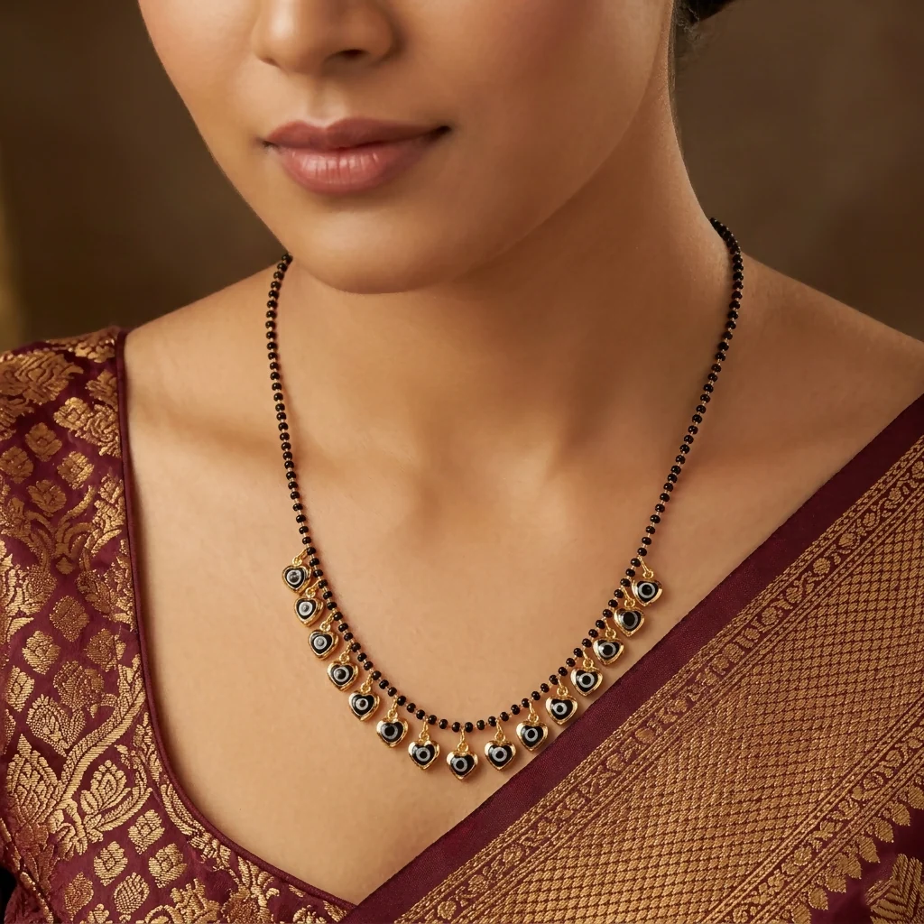 Elegant Black Bead Mangalsutra Necklace with Heart Motif Charms for Women - Image 2