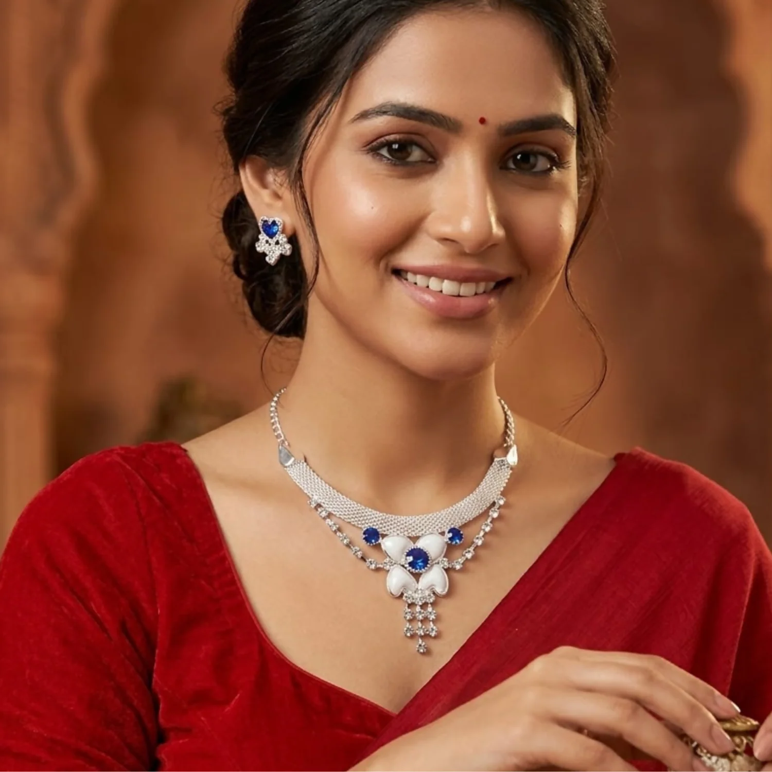 Elegant Blue Stone Floral American Diamond Necklace Set for Women Party Wear