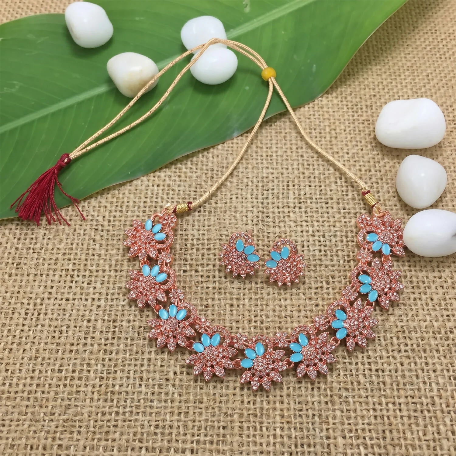 Blue Stone Floral Necklace Set – Elegant & Perfect for Festive Wear - Image 3