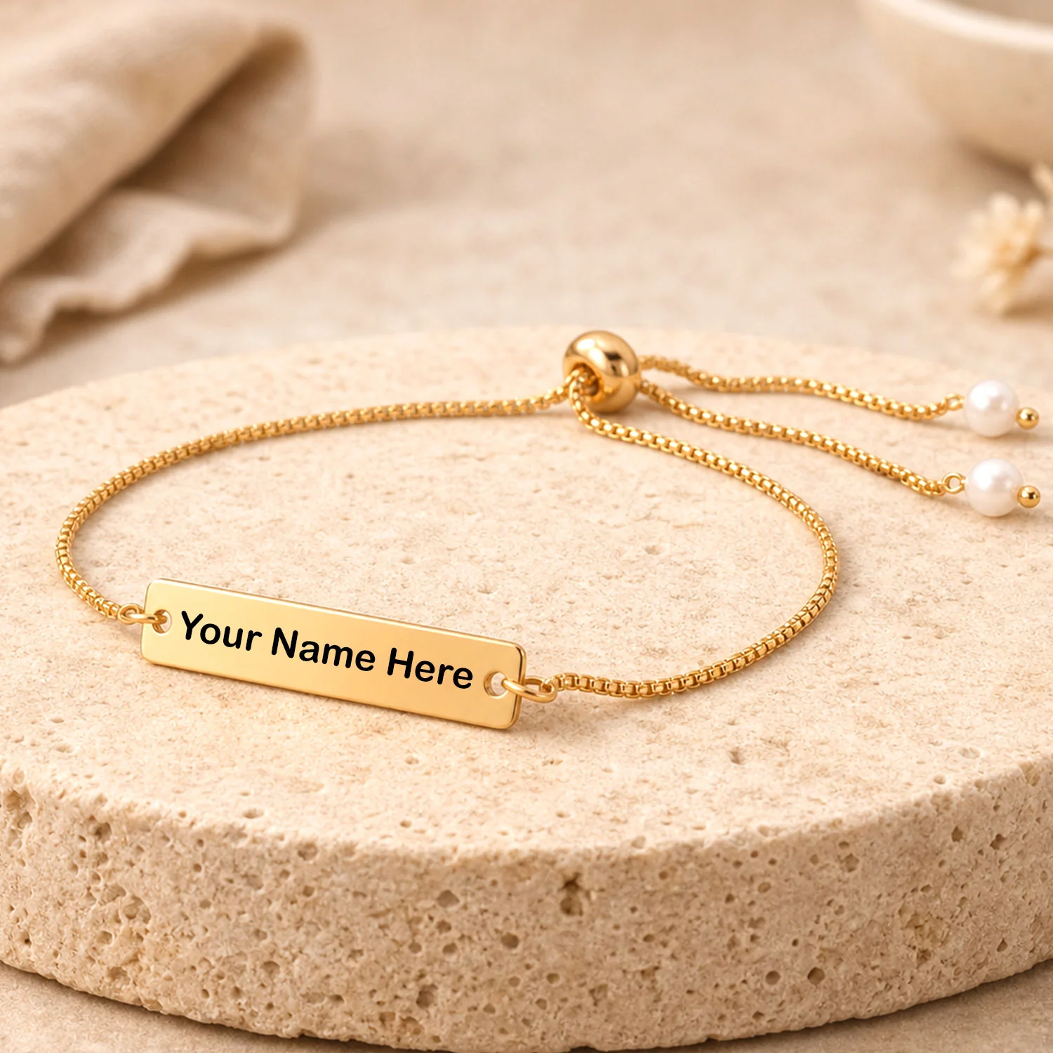 Custom Name Bracelet – Adjustable Gold-Tone with Pearl Beads