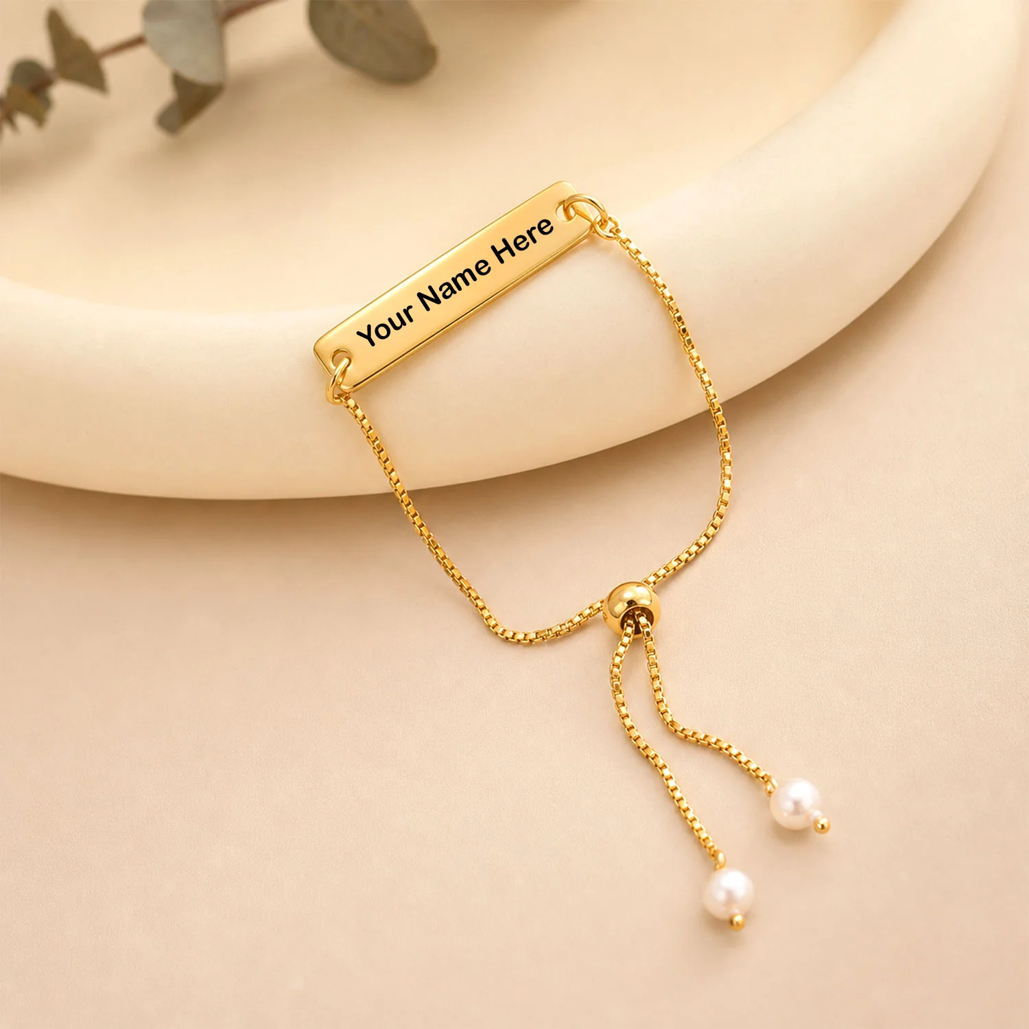 Custom Name Bracelet – Adjustable Gold-Tone with Pearl Beads - Image 2