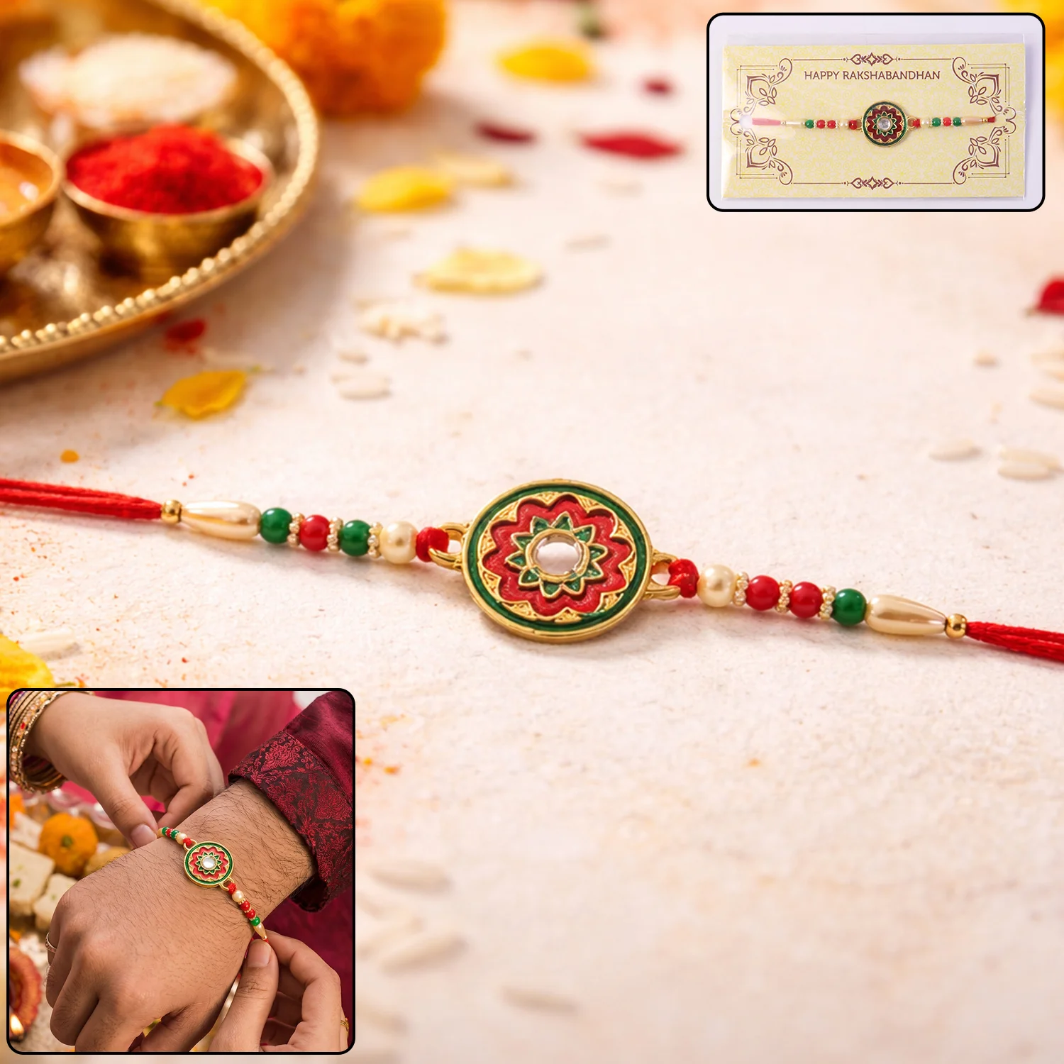 Rakhi – Elegant Floral Design with Colorful Beads for Rakshabandhan - Image 3