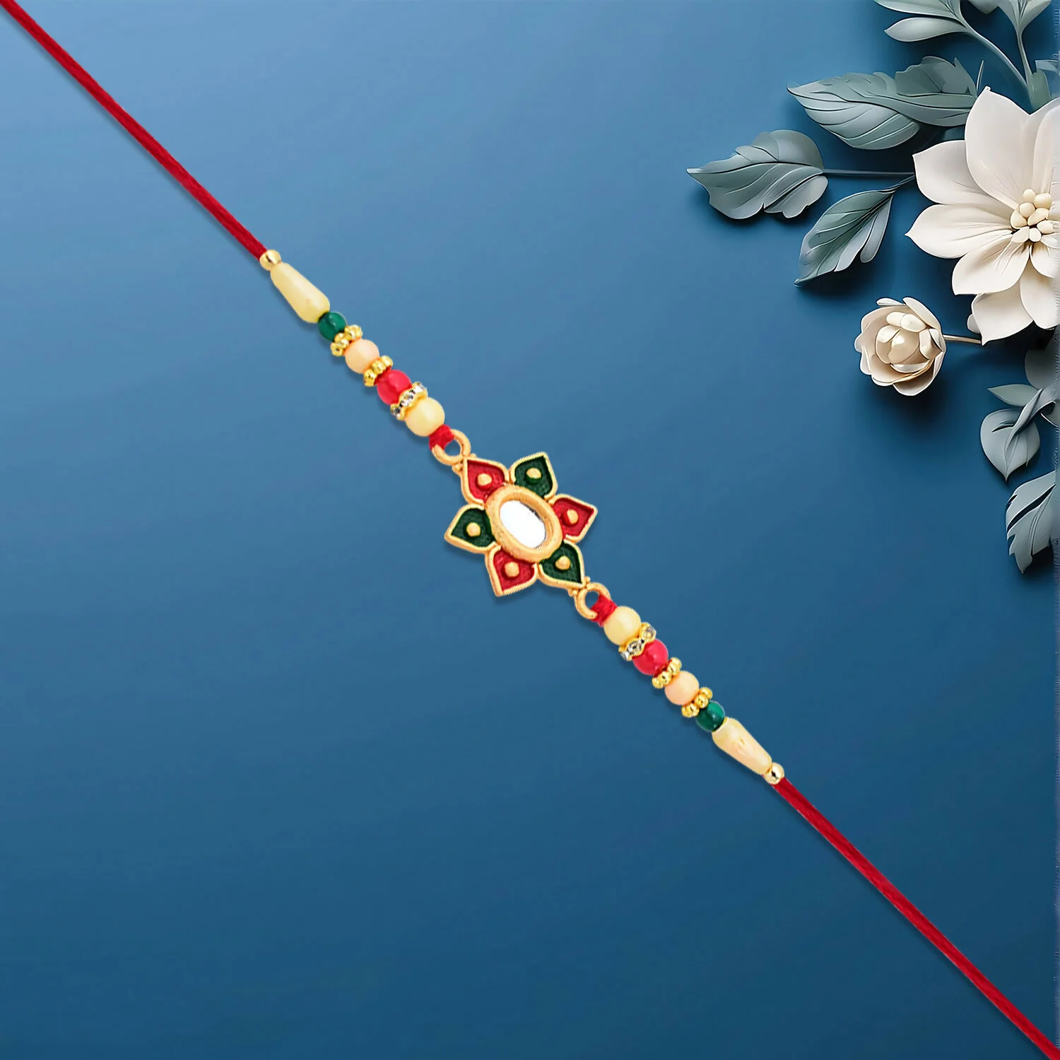 Floral Rakhi with Multicolor Stone Work – Elegant Raksha Bandhan Gift - Image 2