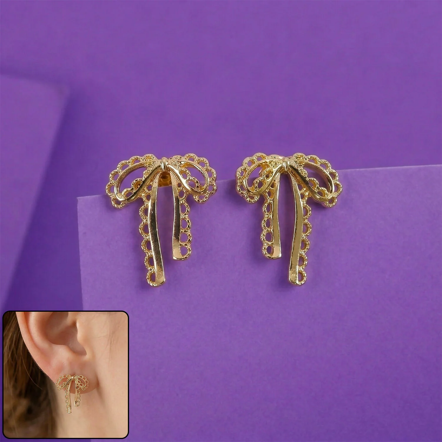 Gold Bow Drop Earrings – Lightweight Korean Style Jewellery for Women