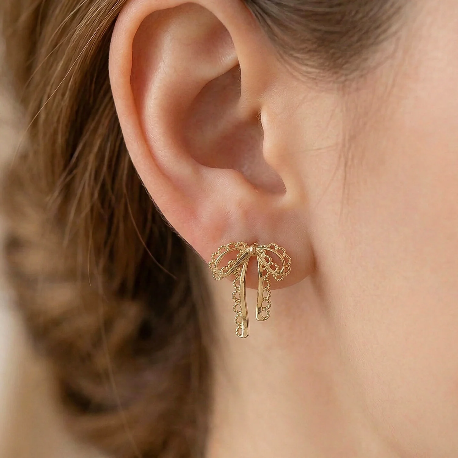 Gold Bow Drop Earrings – Lightweight Korean Style Jewellery for Women - Image 3
