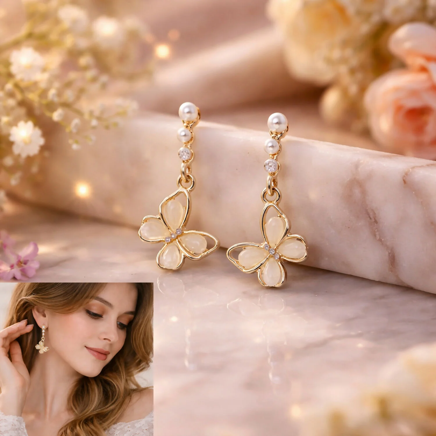 Elegant Gold Butterfly Pearl Drop Earrings – Delicate Floral Design for Women - Image 3