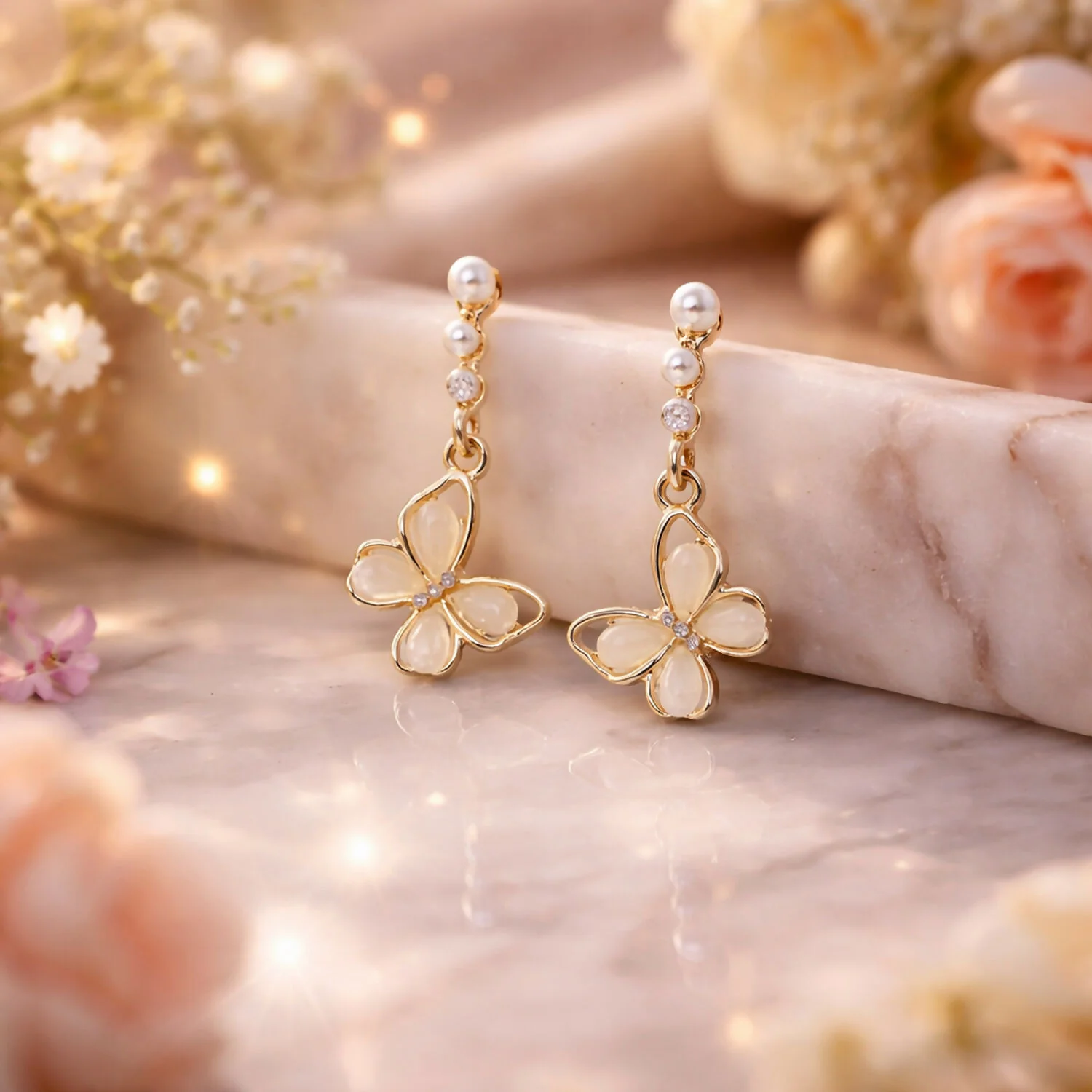 Elegant Gold Butterfly Pearl Drop Earrings – Delicate Floral Design for Women - Image 4