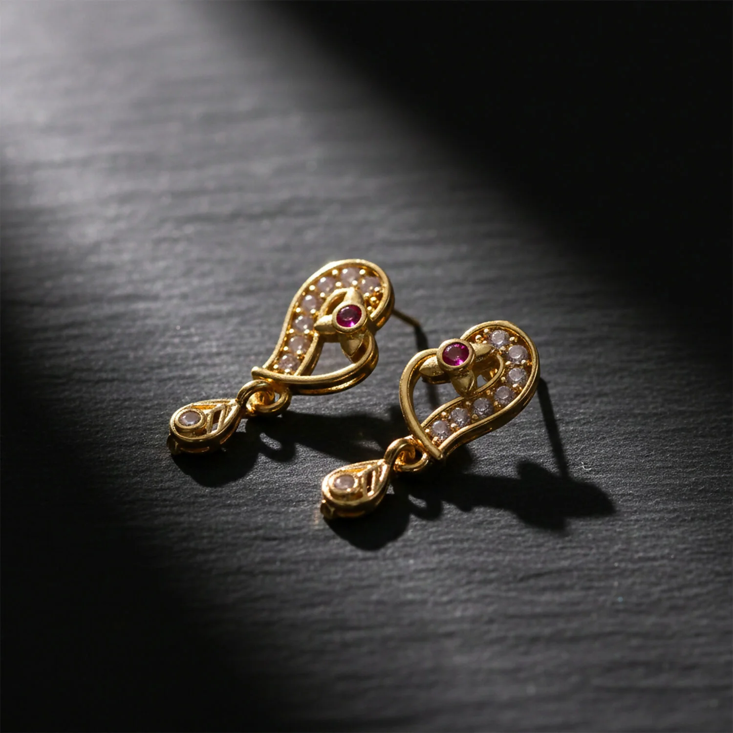 Gold Paisley Drop Earrings with Ruby Accent – Elegant Festive Jewellery - Image 2