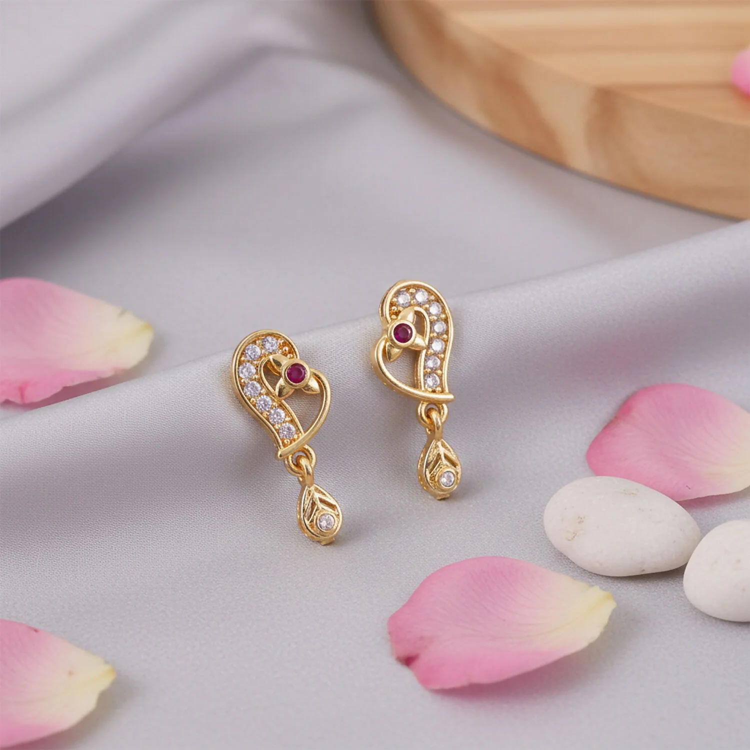 Gold Paisley Drop Earrings with Ruby Accent – Elegant Festive Jewellery - Image 3