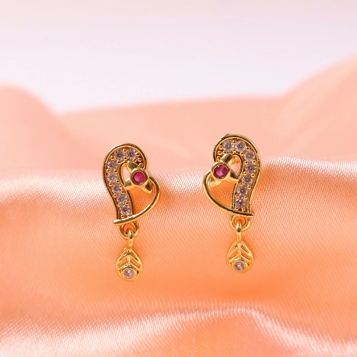 Gold Paisley Drop Earrings with Ruby Accent – Elegant Festive Jewellery - Image 4