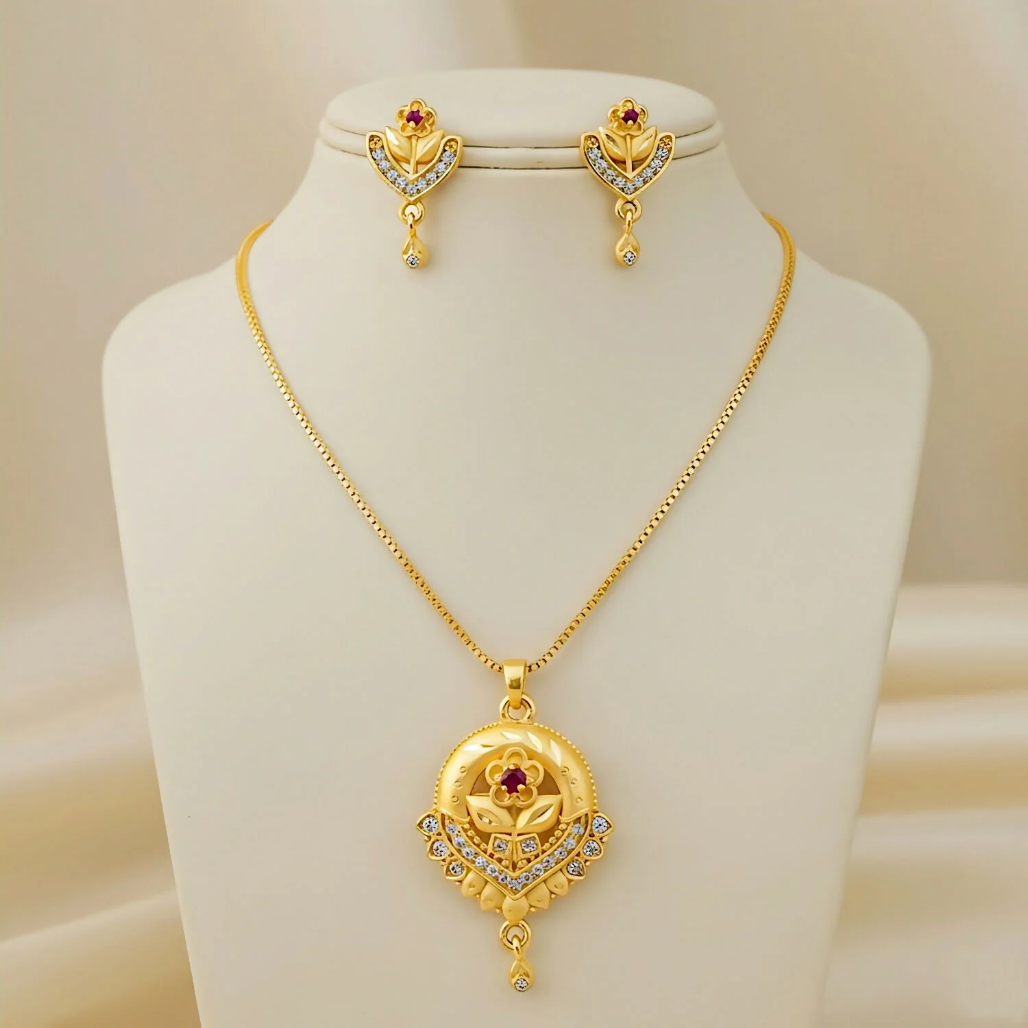 Gold-Plated Floral Bloom Pendant Set – Elegant Jewelry with Ruby & Zirconia - Image 2