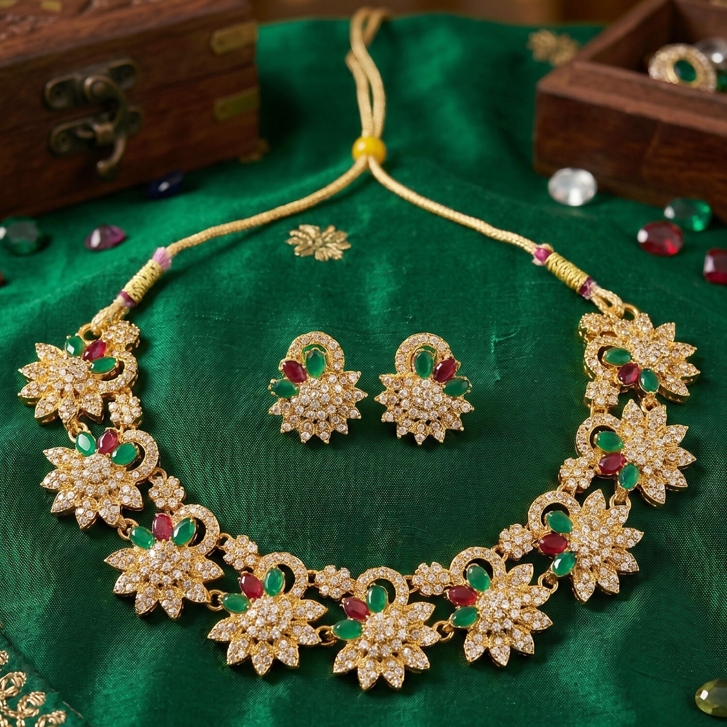 Gold Plated Necklace & Earrings Set – Traditional Elegance with Vibrant Stones - Image 2