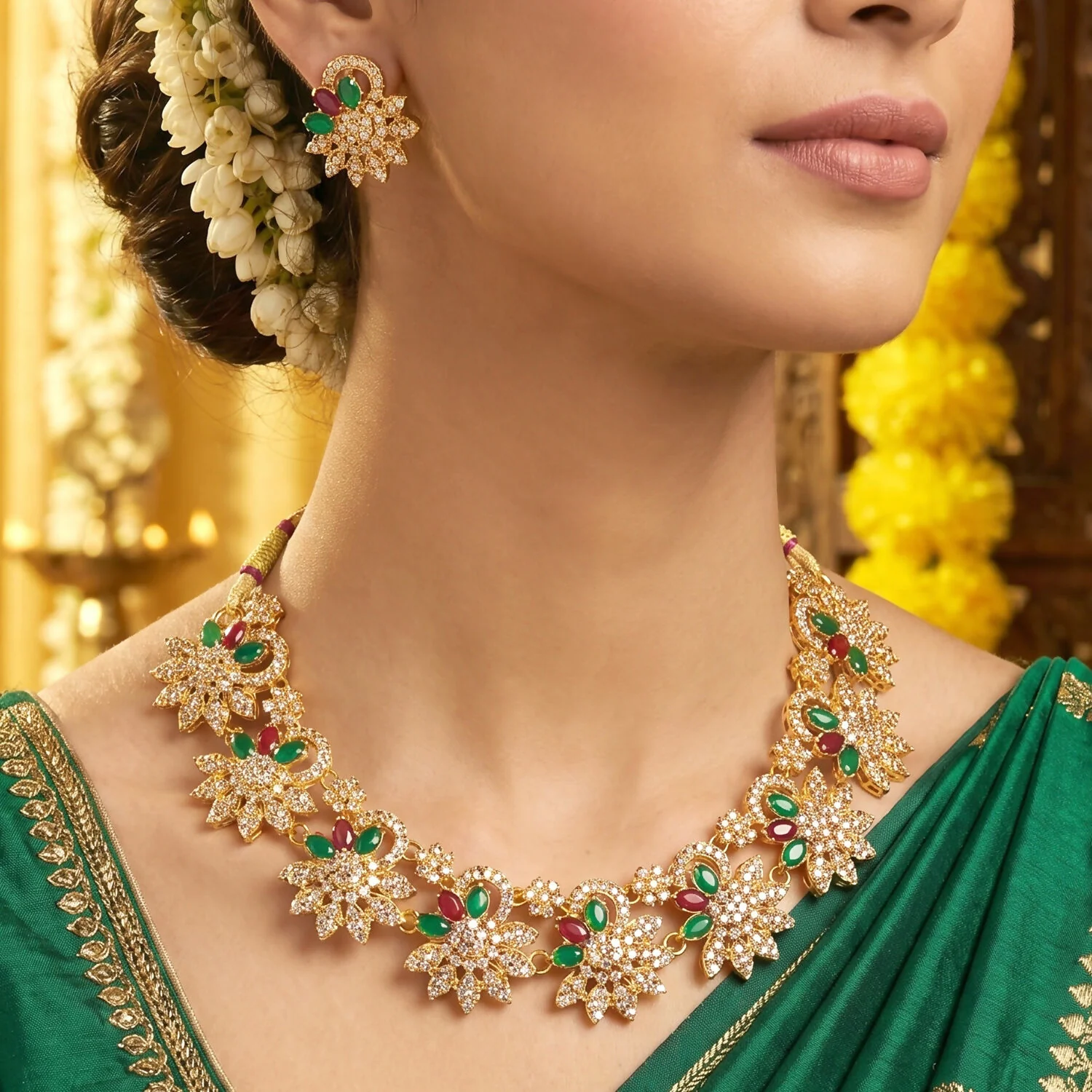 Gold Plated Necklace & Earrings Set – Traditional Elegance with Vibrant Stones - Image 3