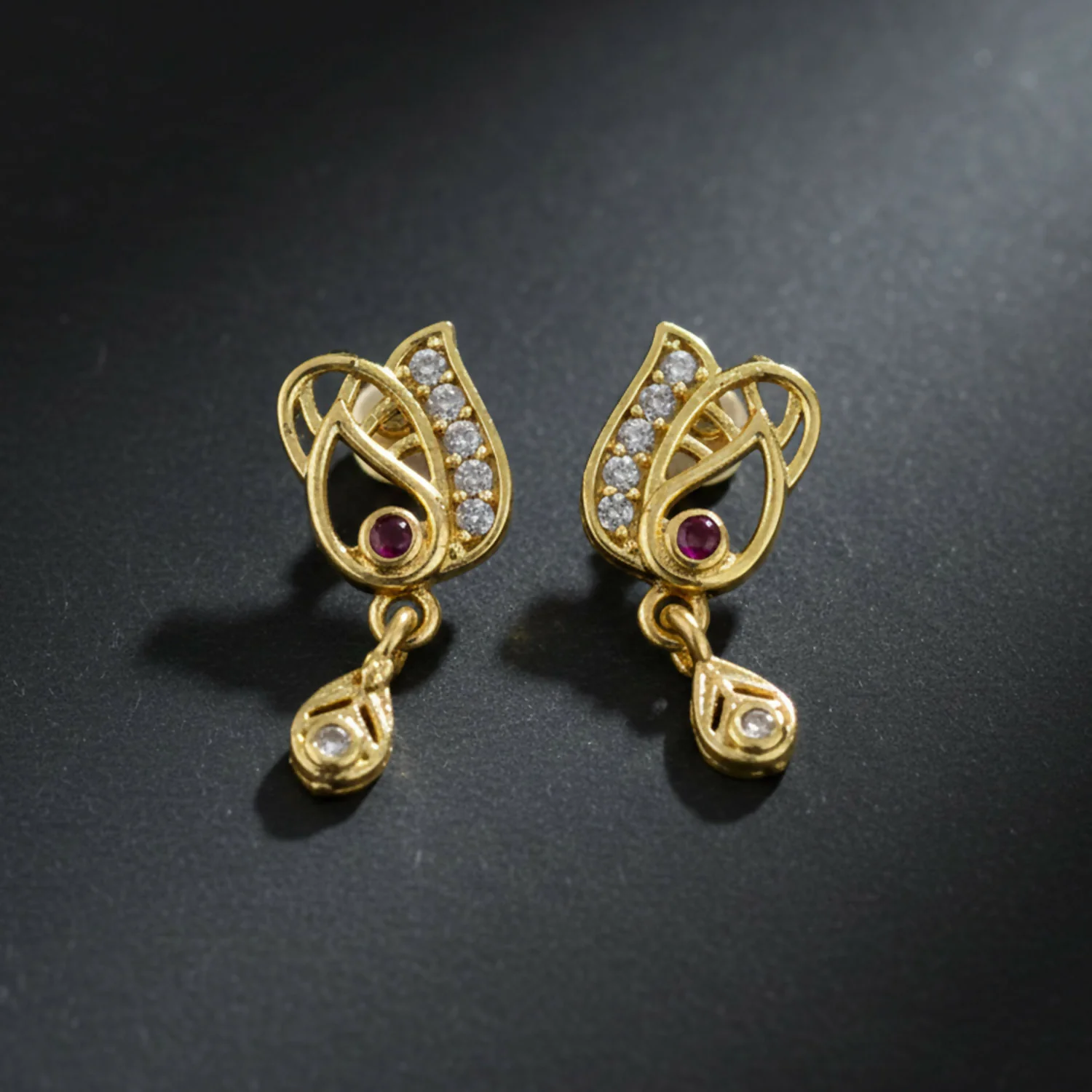 Gold Plated Ruby Accent Stud Earrings – Elegant Drop Design - Image 2