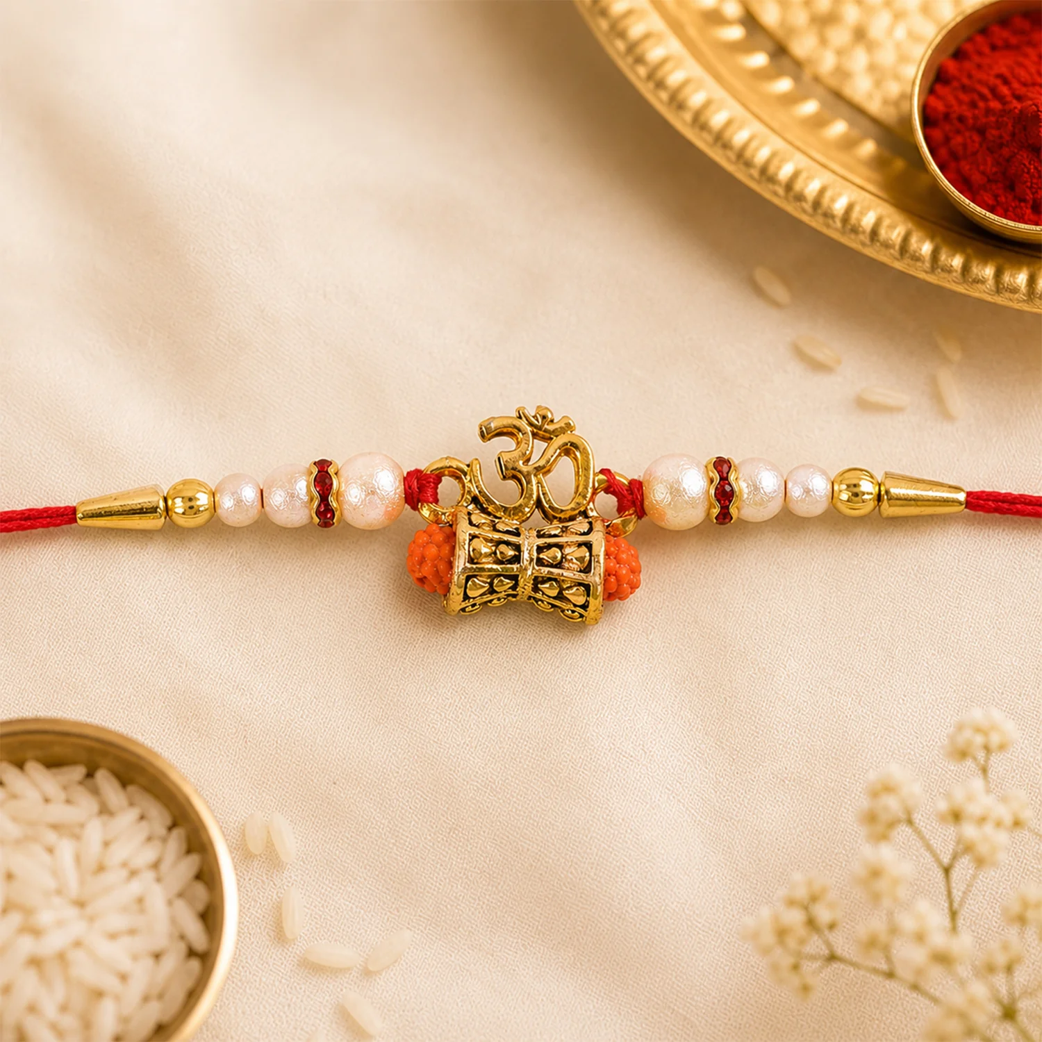 Golden Charm Rakhi – Pearl Beads, Red Thread for Brother - Image 4