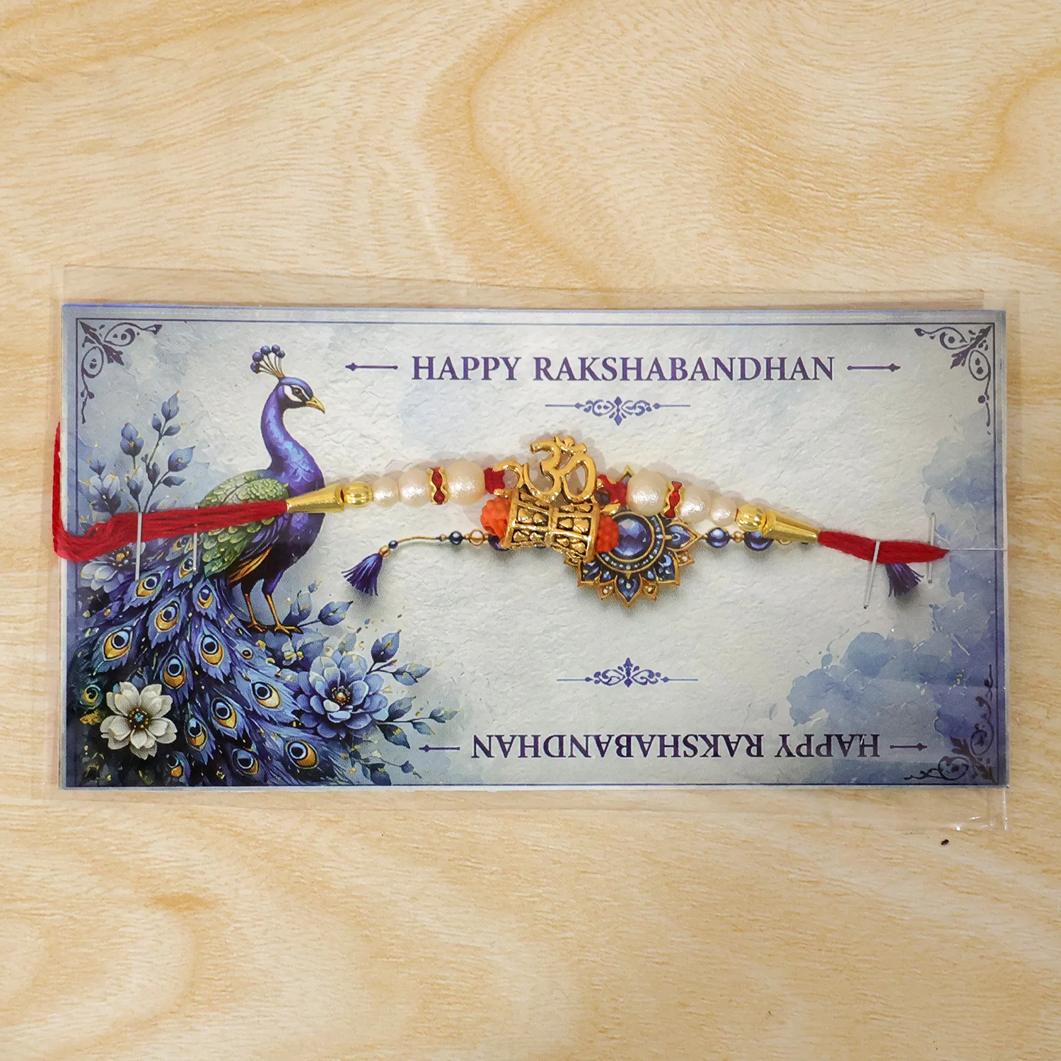 Golden Charm Rakhi – Pearl Beads, Red Thread for Brother - Image 6