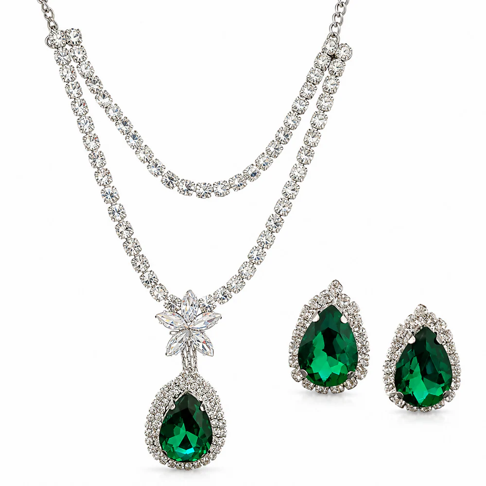 Elegant Green Crystal Pendant Necklace Set with Matching Earrings for Women Party Wear - Image 3