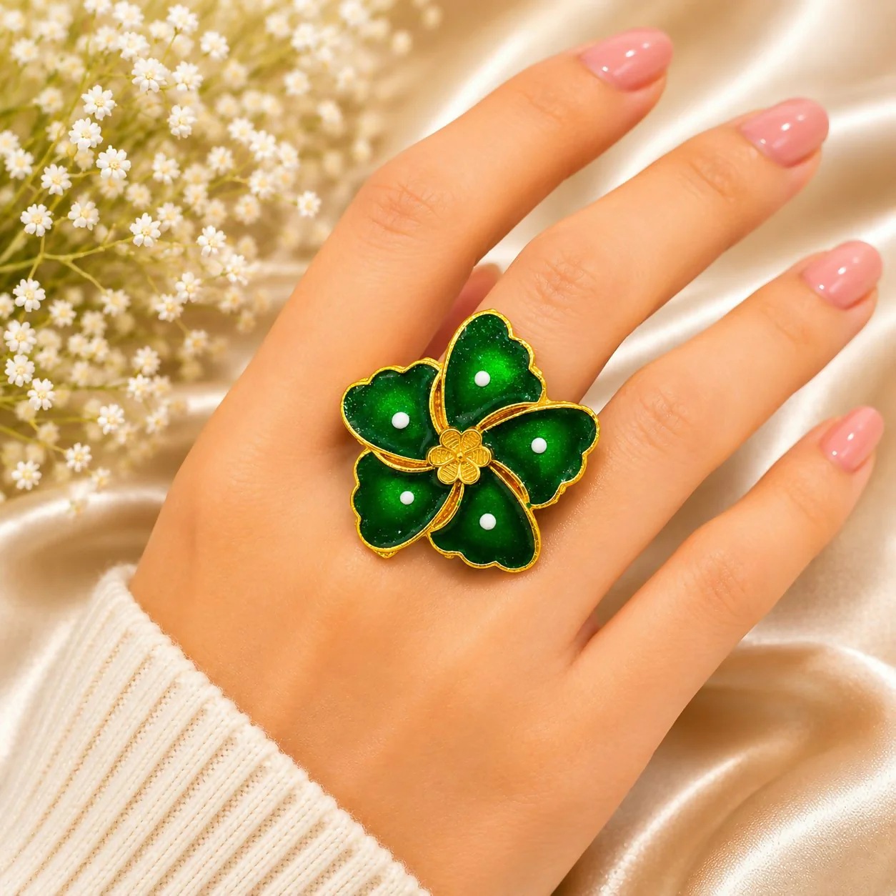 Green Floral Statement Ring – Elegant Party Wear for Women - Image 2