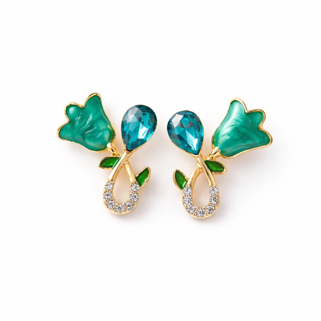 Green Floral Stud Earrings – Gold Plated Crystal Design - Image 4