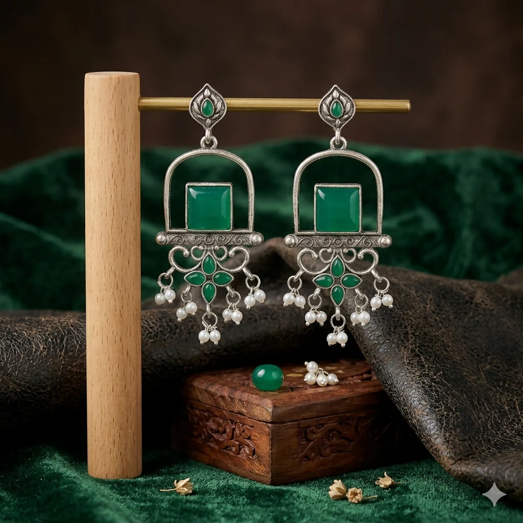 Elegant Green Stone Earrings – Handcrafted Ethnic Chandelier Jewelry - Image 3
