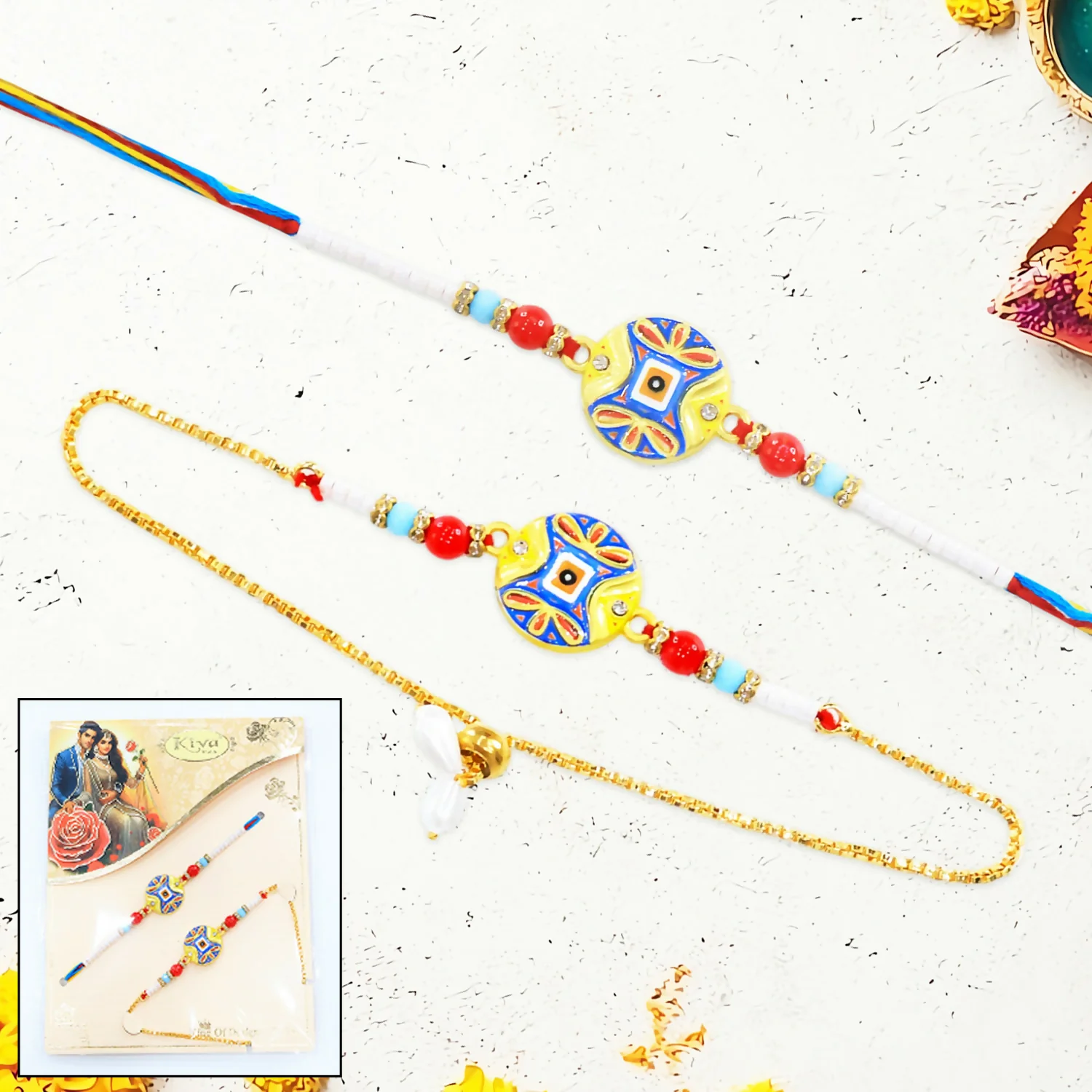 Lumba Rakhi Set for Bhai Bhabhi – Colorful Meenakari Design - Image 3
