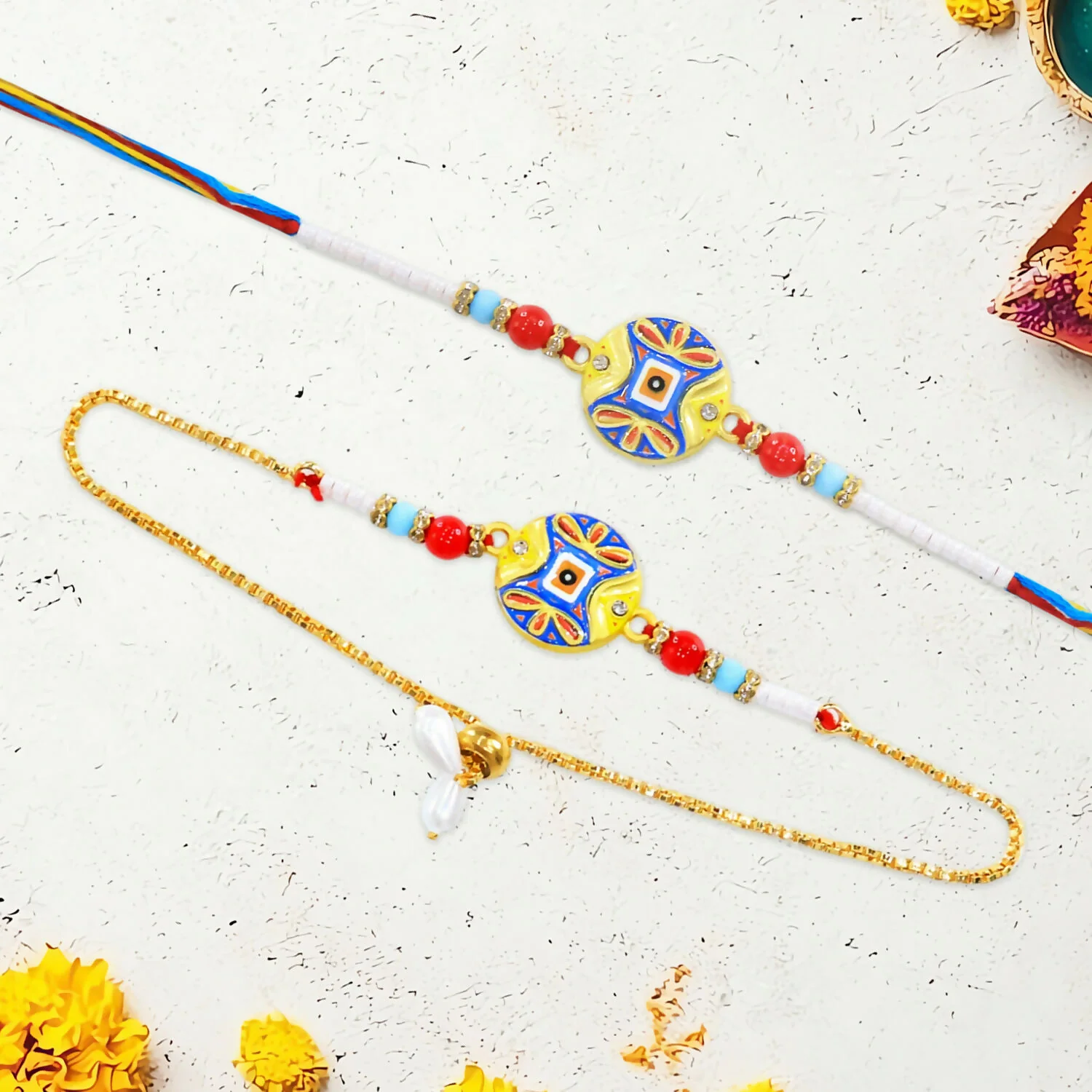 Lumba Rakhi Set for Bhai Bhabhi – Colorful Meenakari Design - Image 4