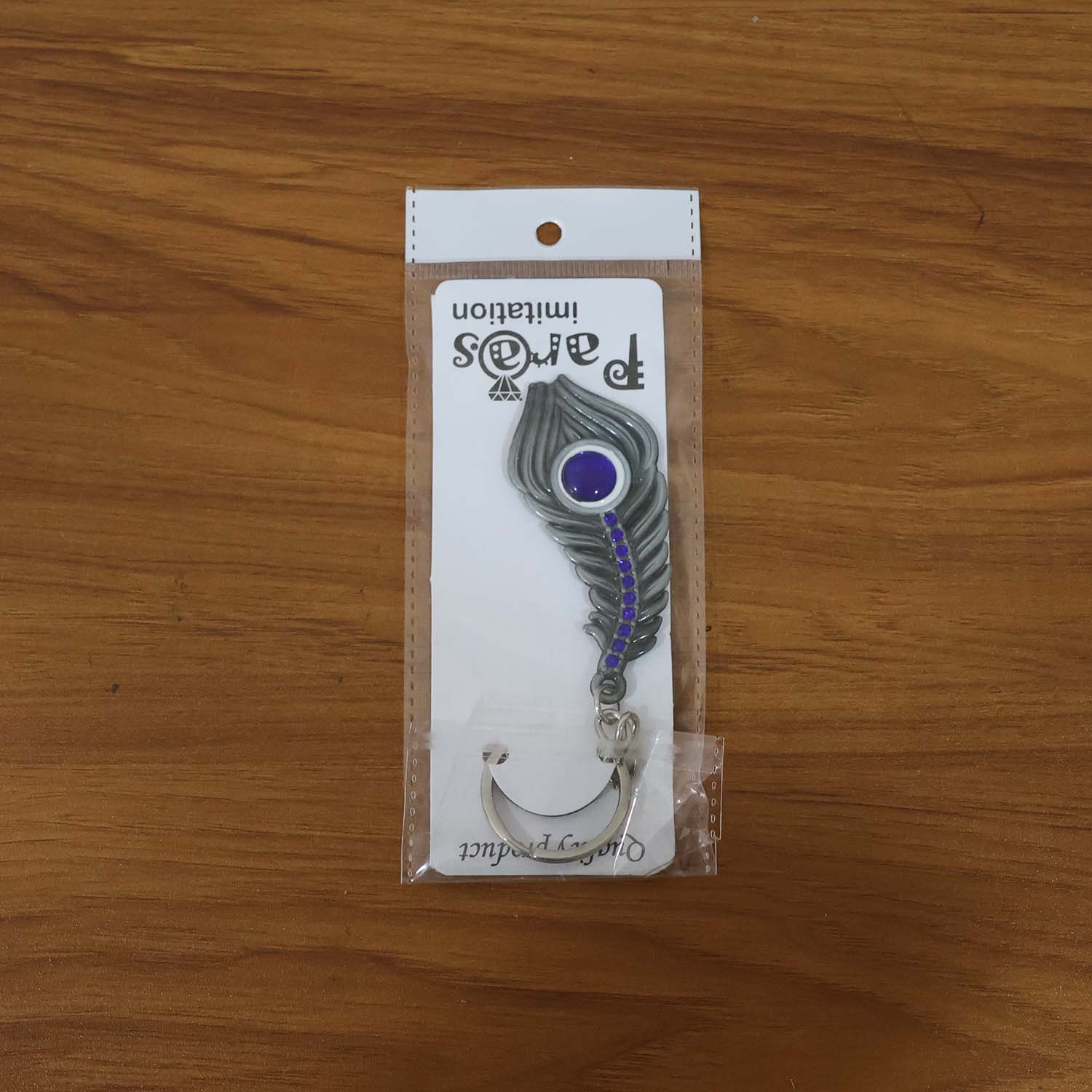 Peacock Feather Keychain – Elegant Metal with Blue Gem Accent - Image 7