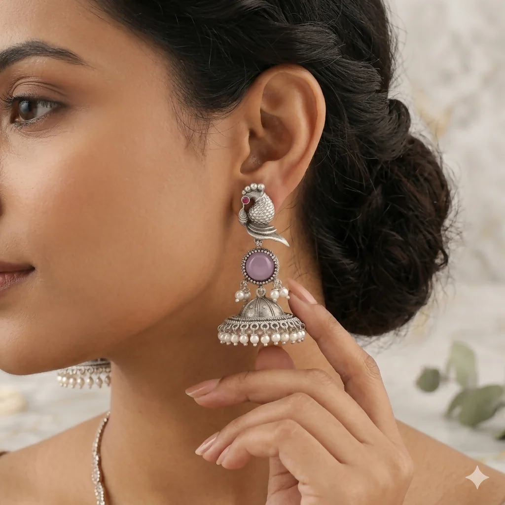 Oxidized Peacock Jhumka Earrings – Traditional with Pink & Pearl - Image 2
