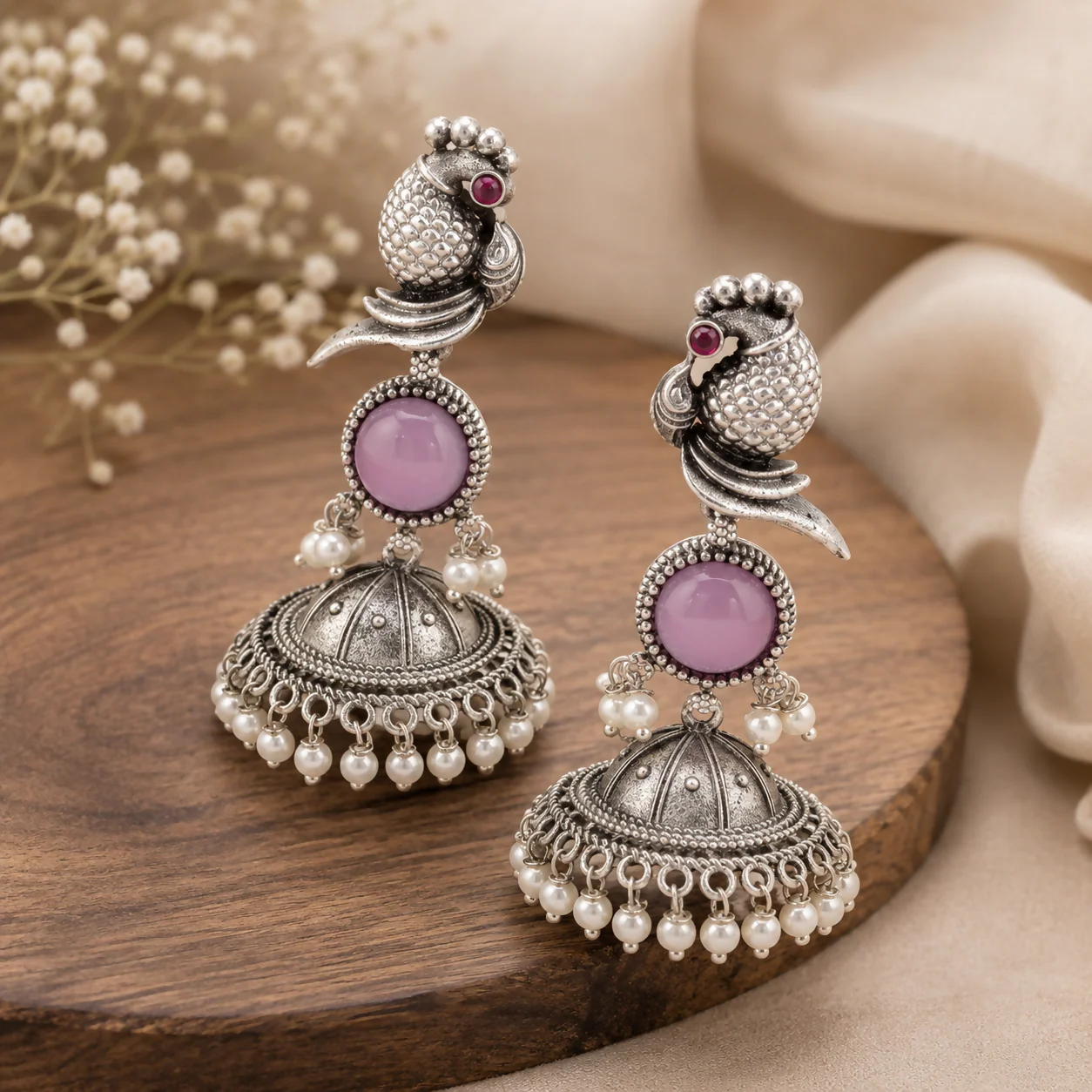 Oxidized Peacock Jhumka Earrings – Traditional with Pink & Pearl - Image 3