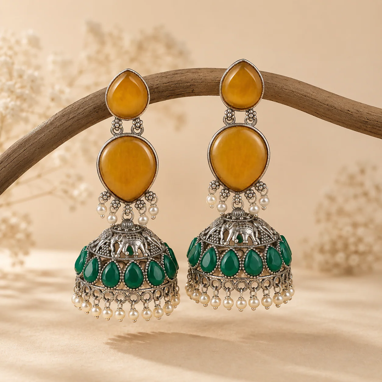 Oxidized Silver Jhumka Earrings – Elegant Yellow & Pearl Drops