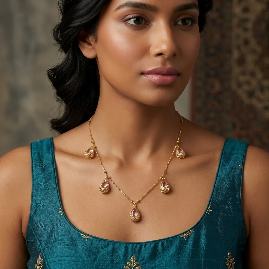 Elegant Peach Bead and Pearl Choker Jewelry Set with Maang Tikka & Floral Earrings