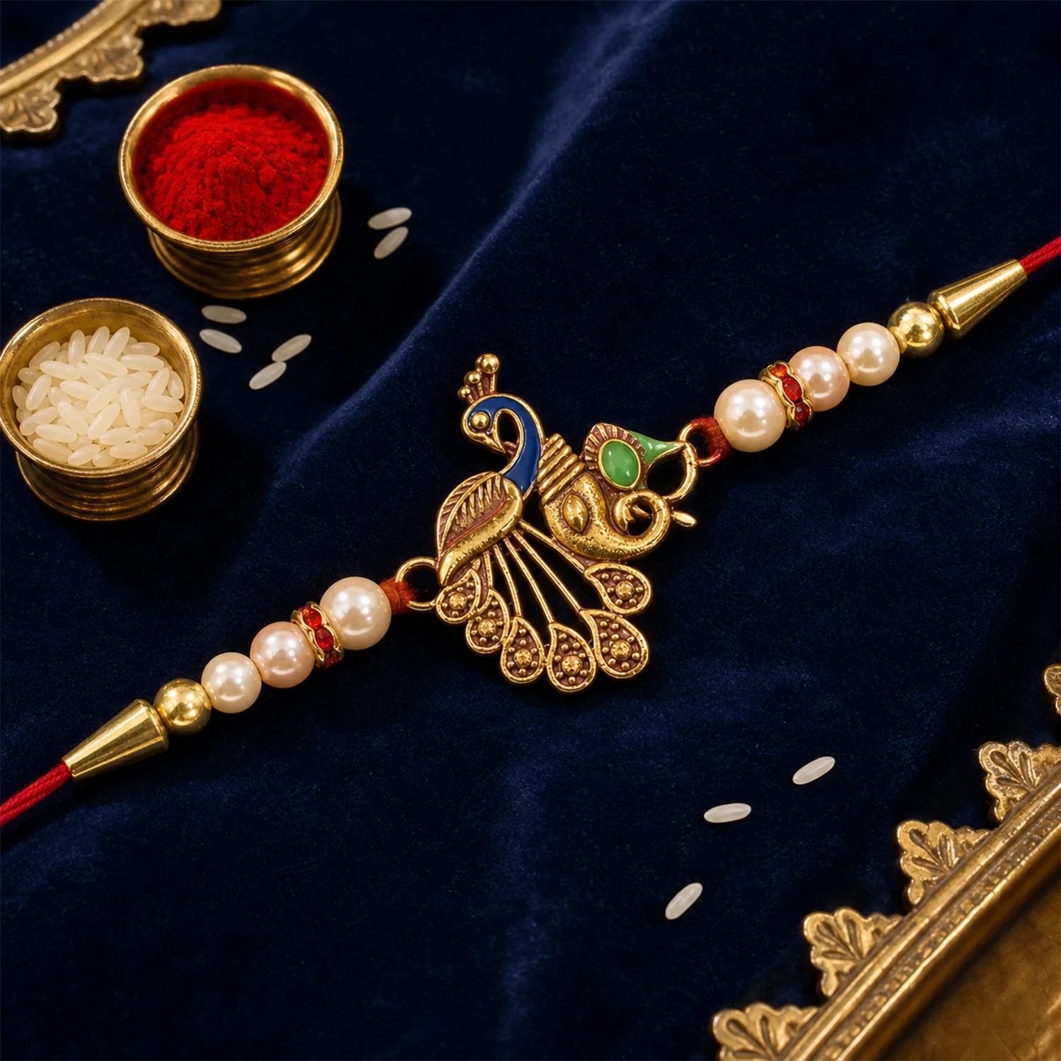 Shop Peacock Design Rakhi with Pearl Beads & Golden Detailing - Image 2