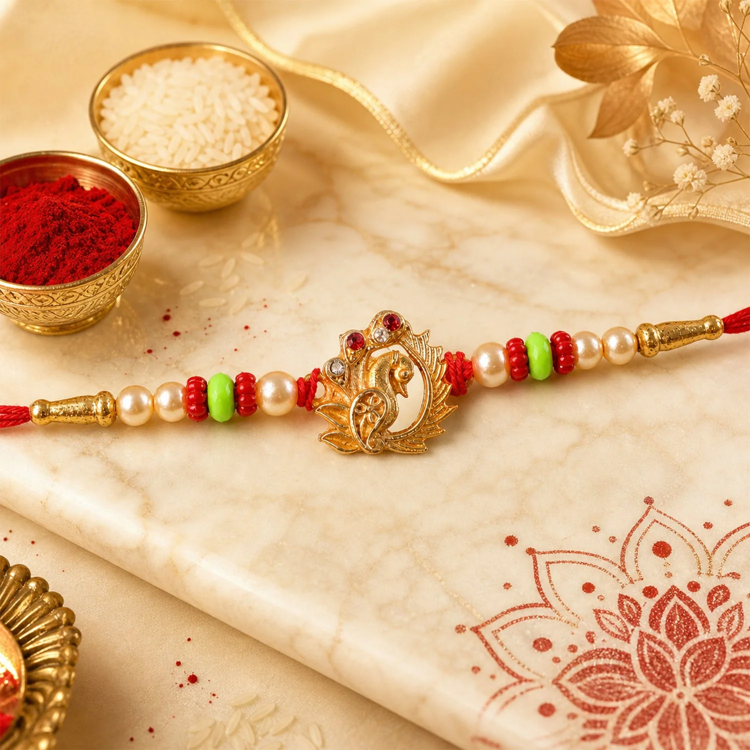 Elegant Peacock Design Rakhi with Pearl Beadwork Rakhi for Brother - Image 3