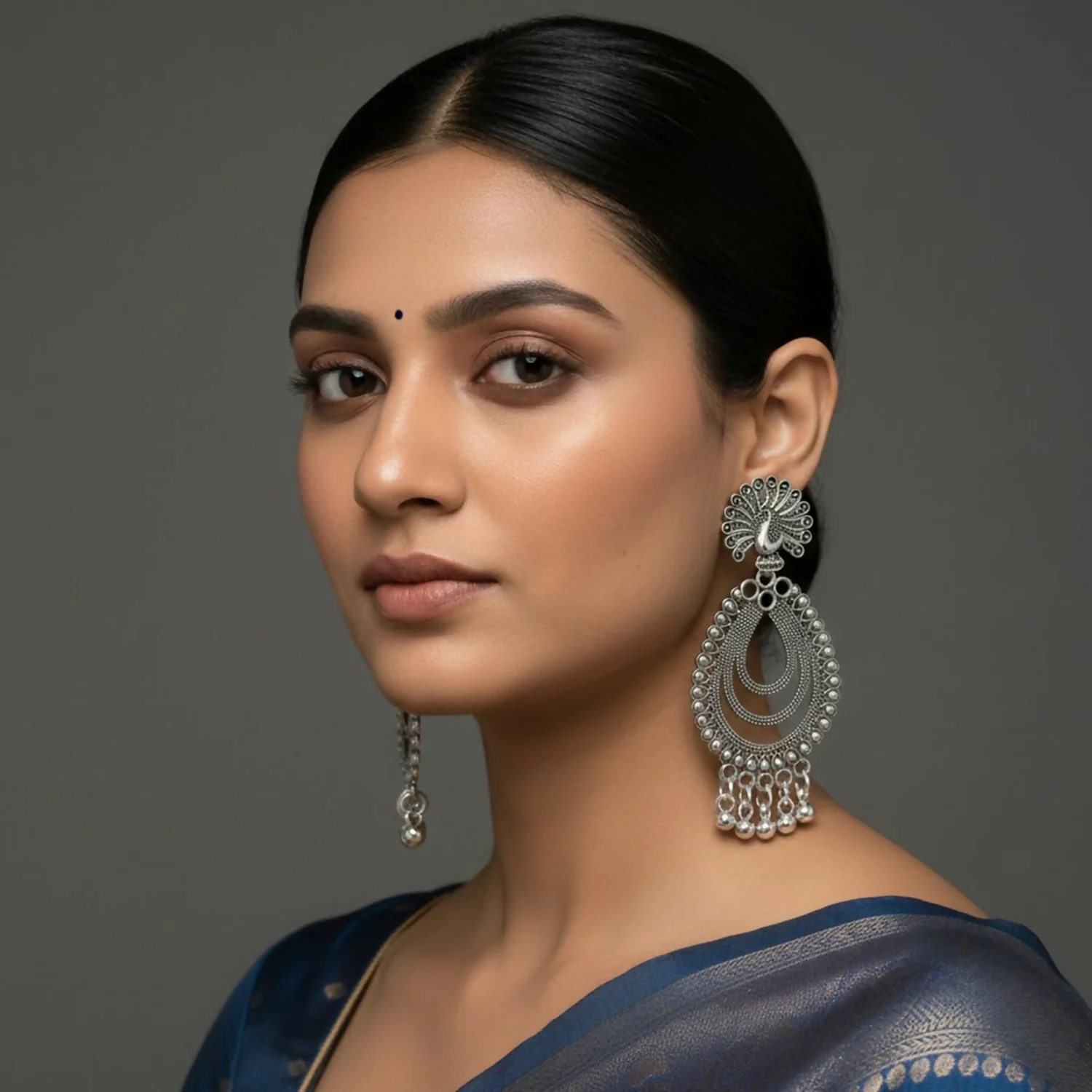 Peacock Jhumka Earrings – Elegant Silver Finish for Festive Wear - Image 2